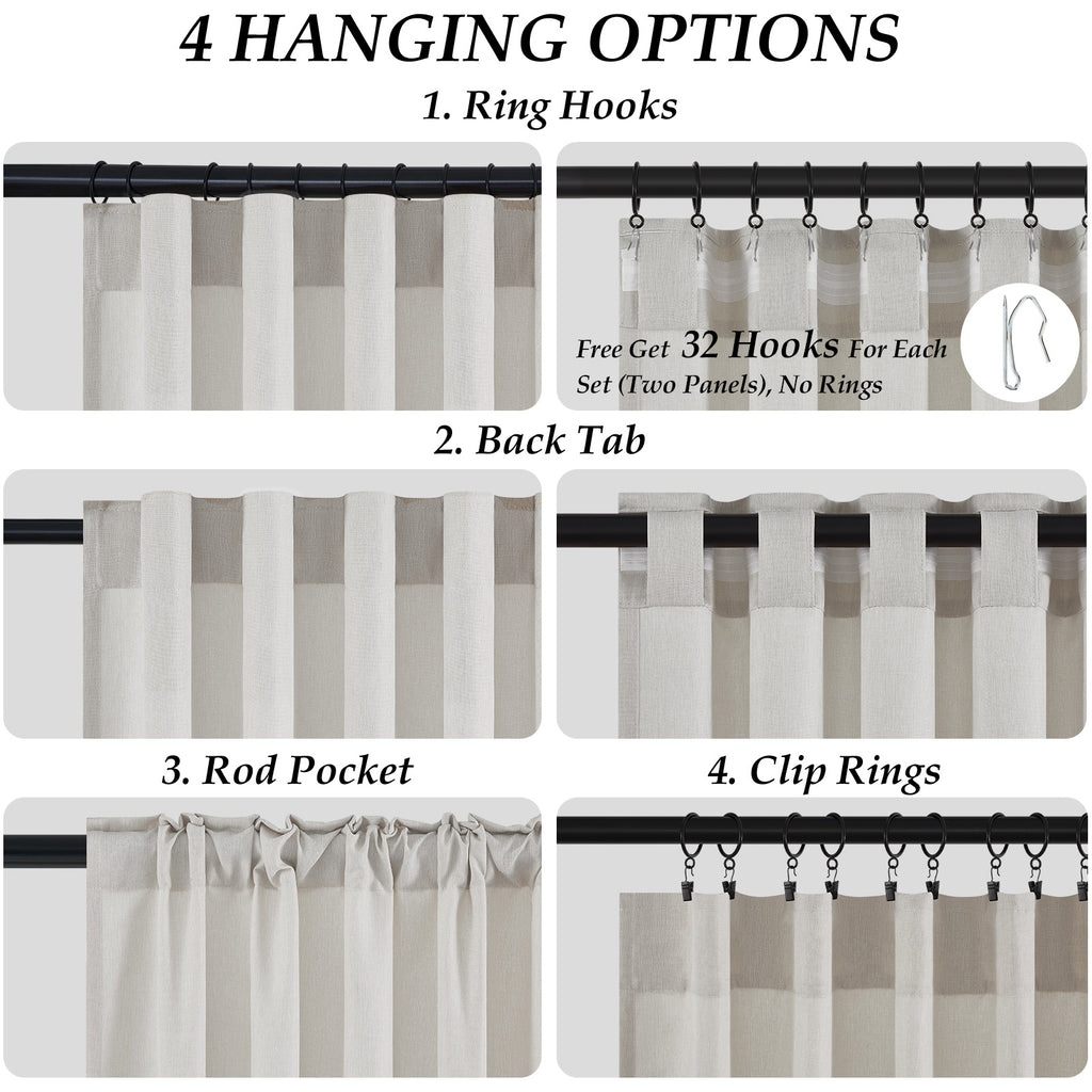 Jainmy Linen-Look Semi-Sheer Curtains, Back Tab Drapes with Hooks Hooks Living Room Bedroom ,Set of 2 Panels