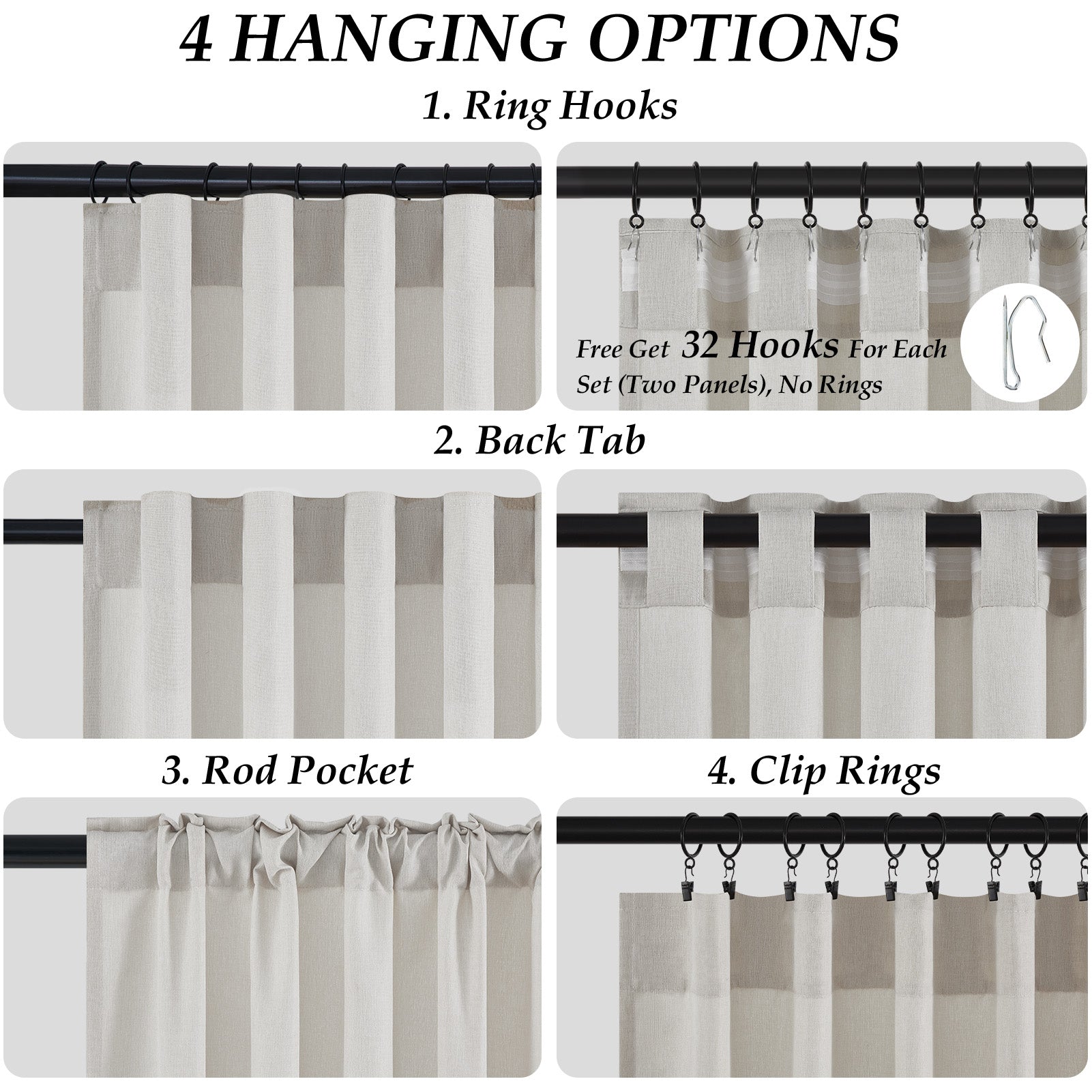 Jainmy Linen-Look Semi-Sheer Curtains, Back Tab Drapes with Hooks Hooks Living Room Bedroom ,Set of 2 Panels