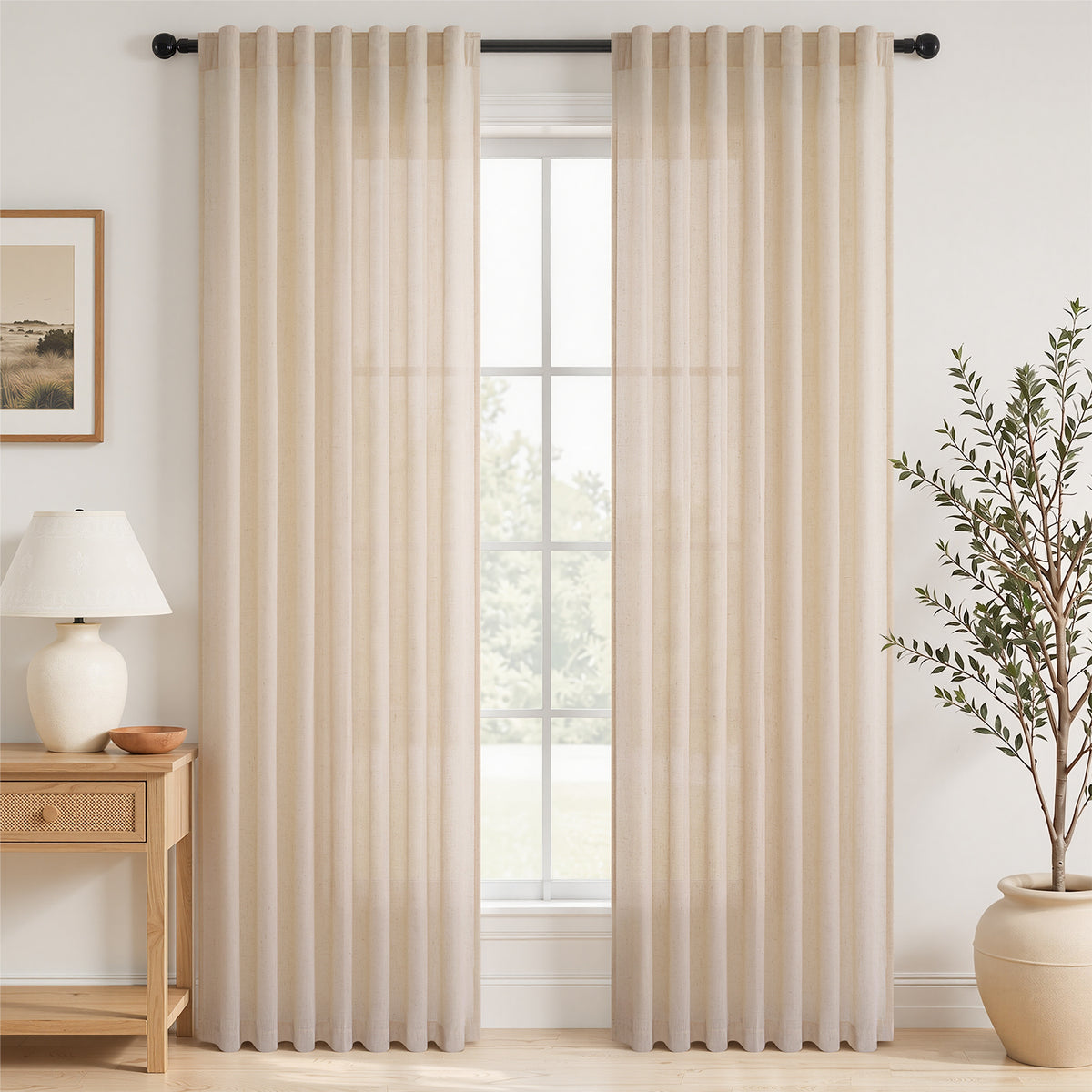 Jainmy Linen Light Filtering Curtainsfor Living Room Bedroom, Rod Pocket Back Tab Semi Sheer Farmhouse Window Drapes, 2 Panels