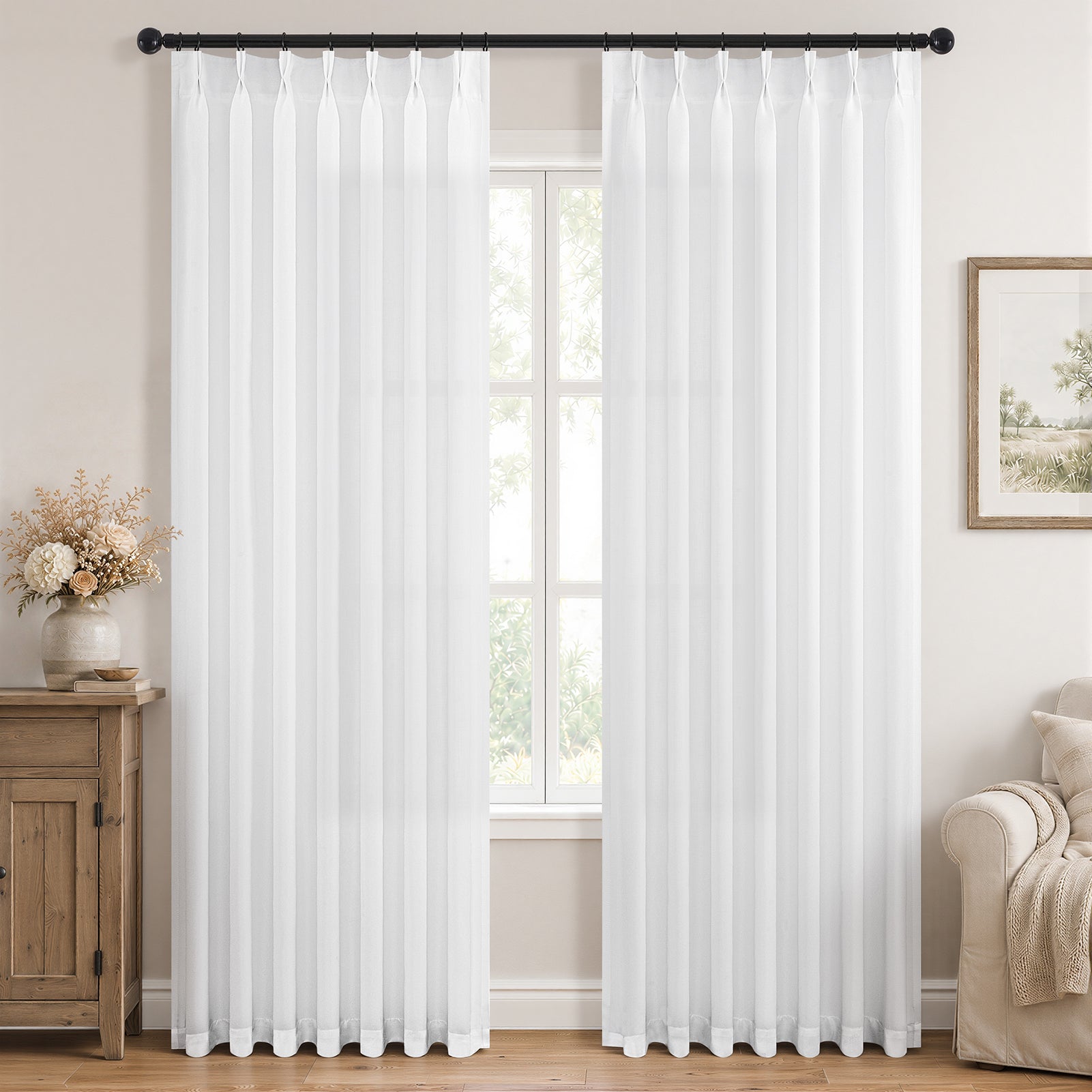 Jainmy Pinch Pleated Curtains for Bedroom Living Room, Light Filtering Farmhouse Drapes with Hooks Memory Trained Pleated Semi Sheer Curtain,2 Panels