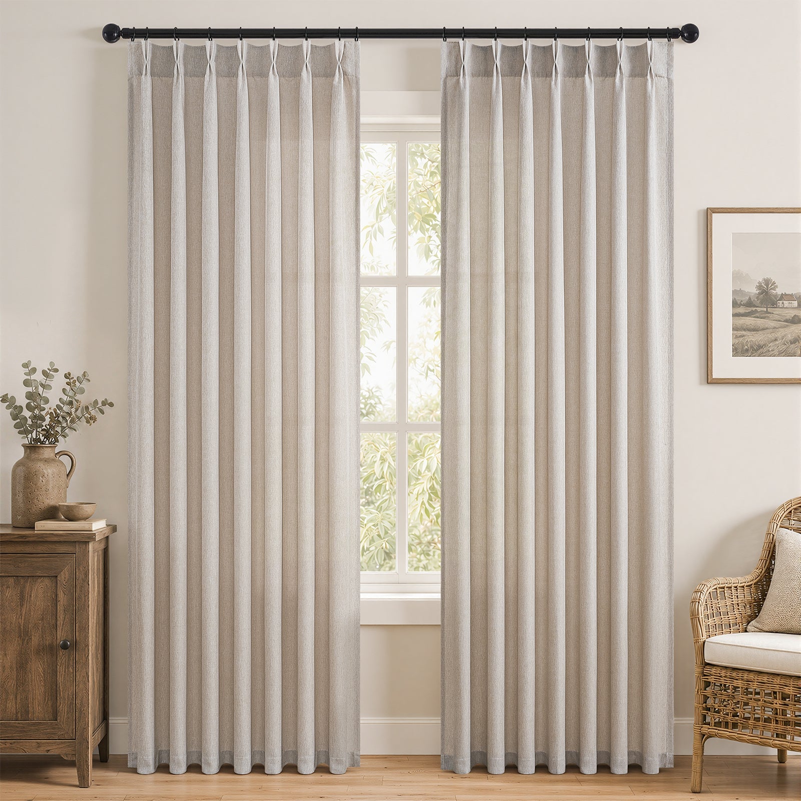 Jainmy Pinch Pleated Curtains for Bedroom Living Room, Light Filtering Farmhouse Drapes with Hooks Memory Trained Pleated Semi Sheer Curtain,2 Panels