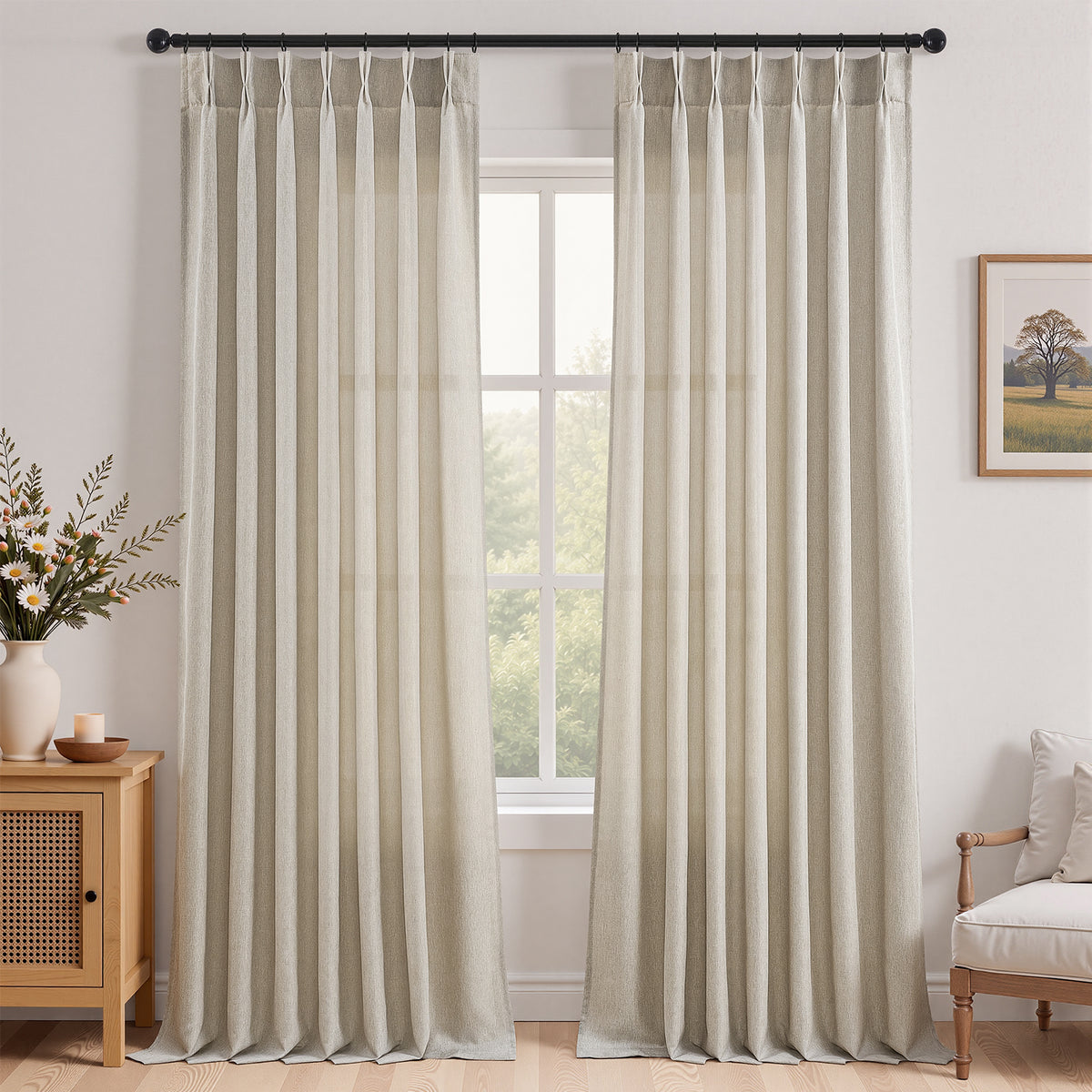 Jainmy Pinch Pleated Curtains for Bedroom Living Room, Light Filtering Farmhouse Drapes with Hooks Memory Trained Pleated Semi Sheer Curtain,2 Panels