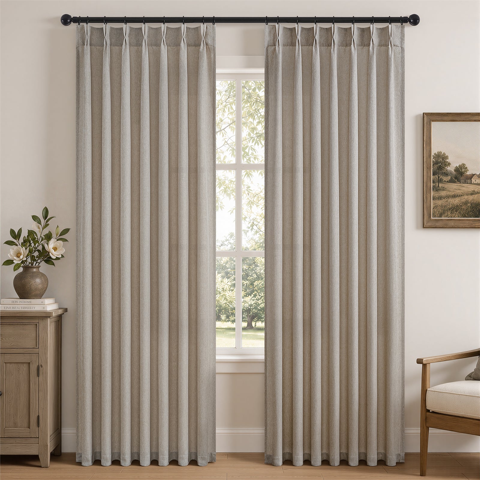 Jainmy Pinch Pleated Curtains for Bedroom Living Room, Light Filtering Farmhouse Drapes with Hooks Memory Trained Pleated Semi Sheer Curtain,2 Panels