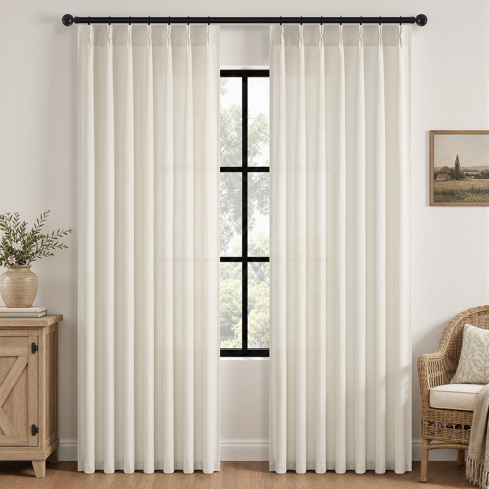 Jainmy Pinch Pleated Curtains for Bedroom Living Room, Light Filtering Farmhouse Drapes with Hooks Memory Trained Pleated Semi Sheer Curtain,2 Panels