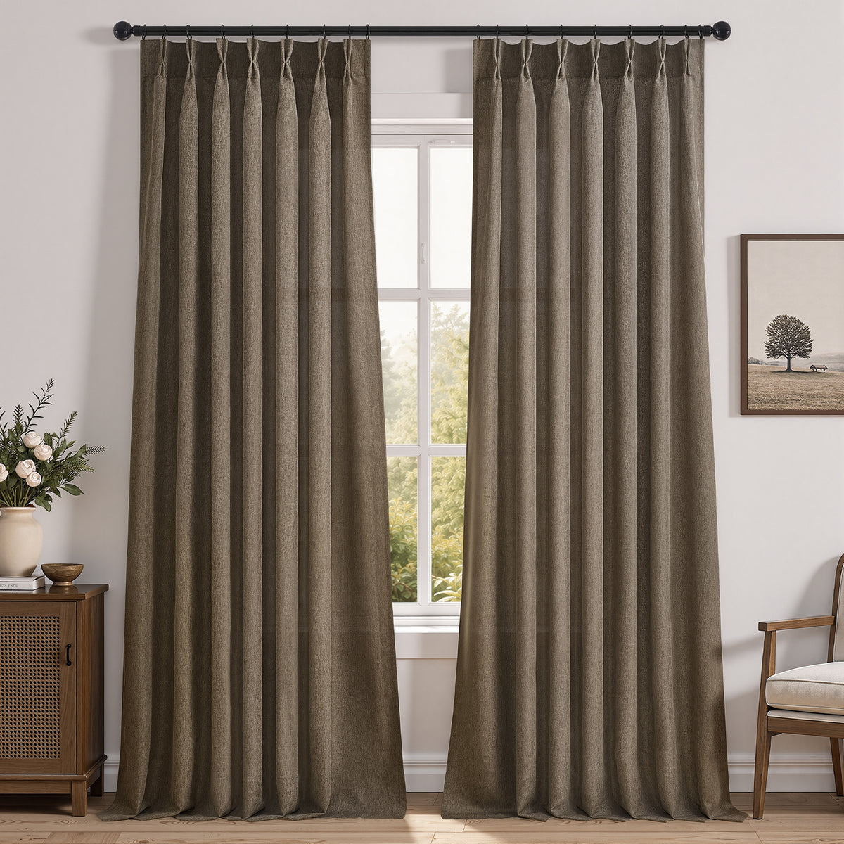 Jainmy Pinch Pleated Curtains for Bedroom Living Room, Light Filtering Farmhouse Drapes with Hooks Memory Trained Pleated Semi Sheer Curtain,2 Panels