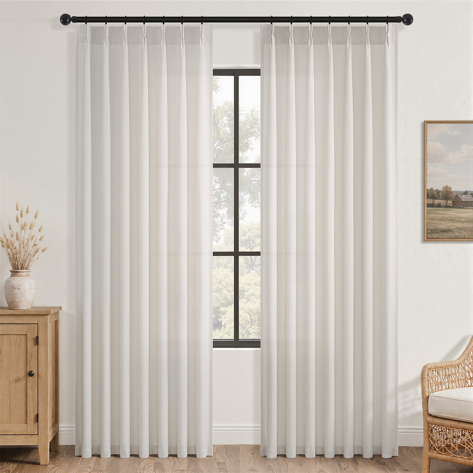 Jainmy Pinch Pleated Curtains for Bedroom Living Room, Light Filtering Farmhouse Drapes with Hooks Memory Trained Pleated Semi Sheer Curtain,2 Panels