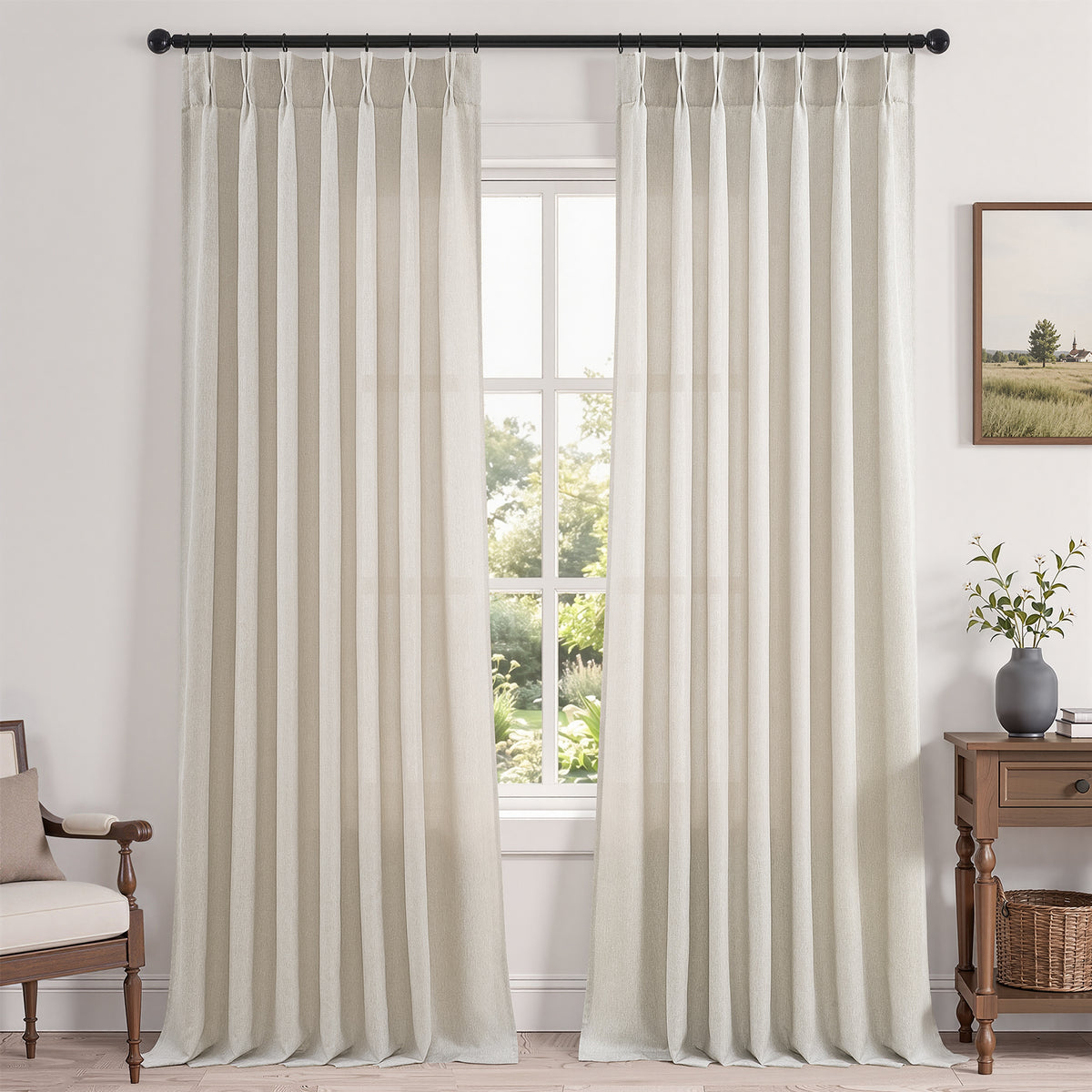 Jainmy Pinch Pleated Curtains for Bedroom Living Room, Light Filtering Farmhouse Drapes with Hooks Memory Trained Pleated Semi Sheer Curtain,2 Panels