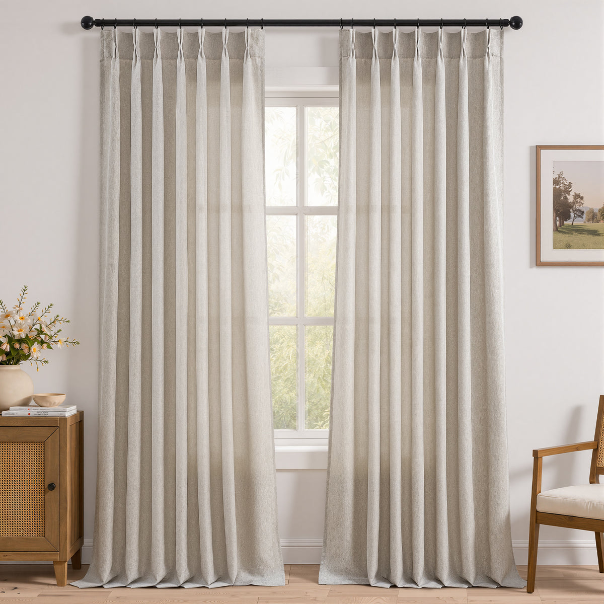 Jainmy Pinch Pleated Curtains for Bedroom Living Room, Light Filtering Farmhouse Drapes with Hooks Memory Trained Pleated Semi Sheer Curtain,2 Panels