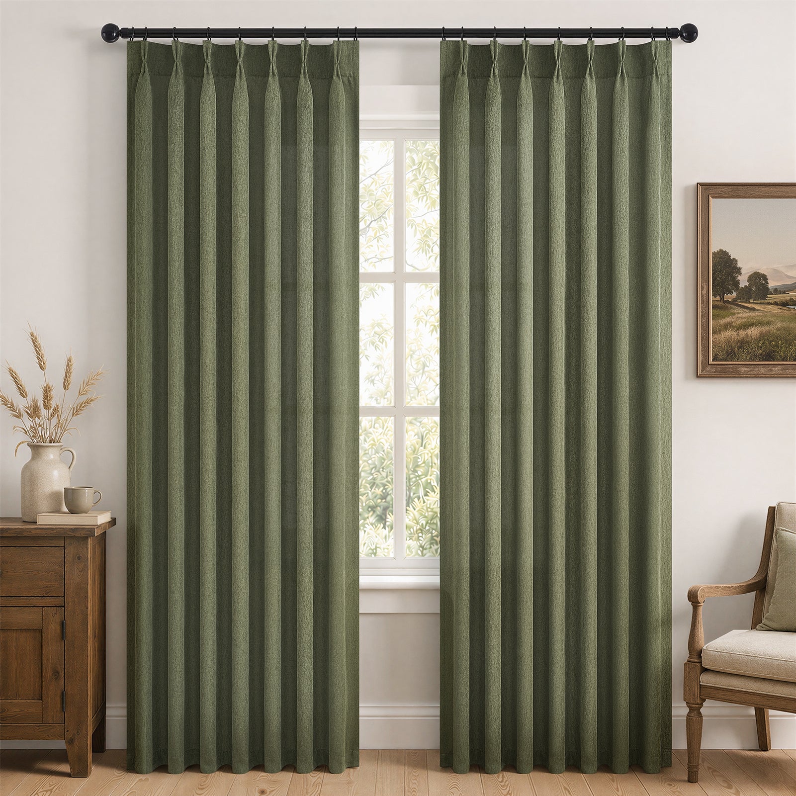 Jainmy Pinch Pleated Curtains for Bedroom Living Room, Light Filtering Farmhouse Drapes with Hooks Memory Trained Pleated Semi Sheer Curtain,2 Panels