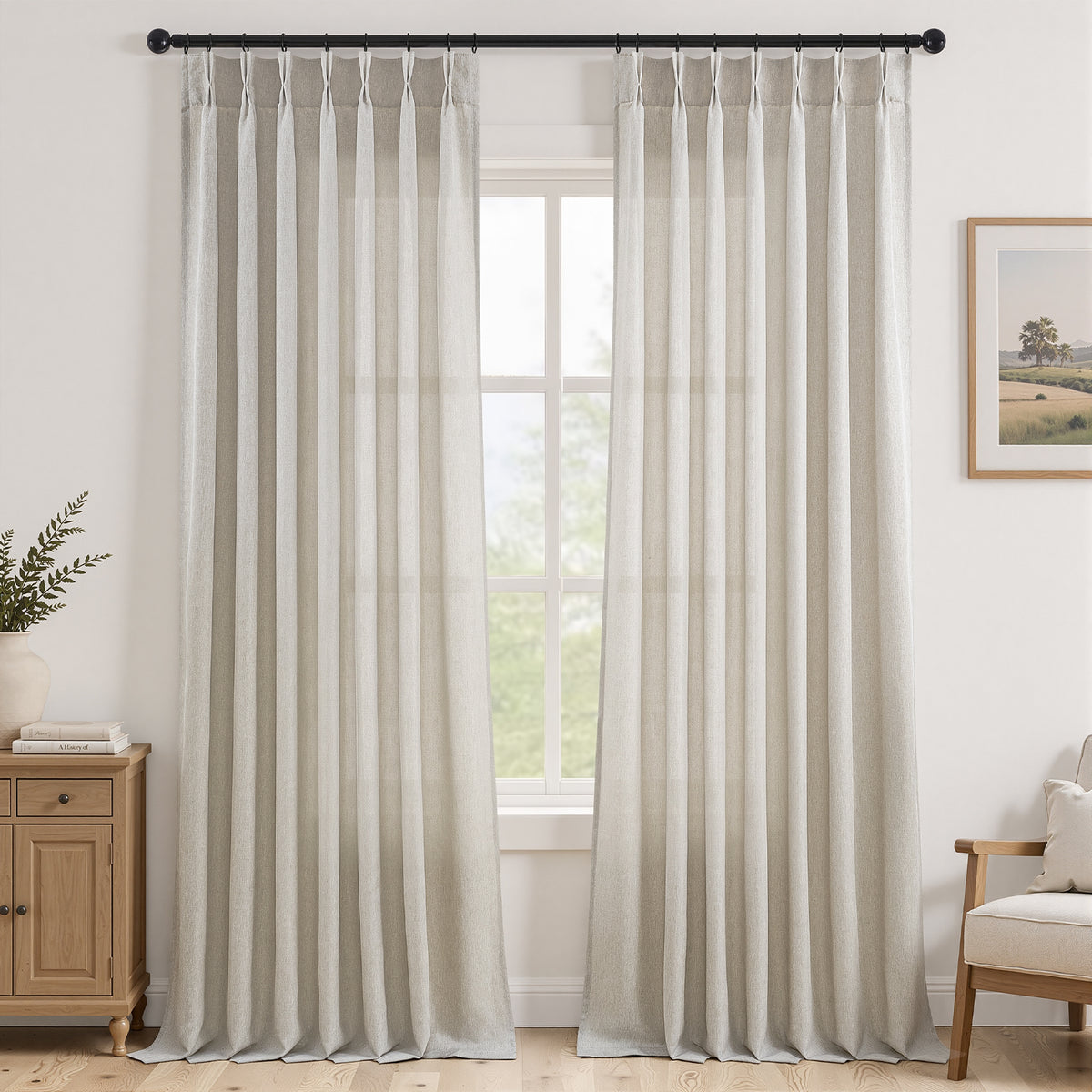 Jainmy Pinch Pleated Curtains for Bedroom Living Room, Light Filtering Farmhouse Drapes with Hooks Memory Trained Pleated Semi Sheer Curtain,2 Panels