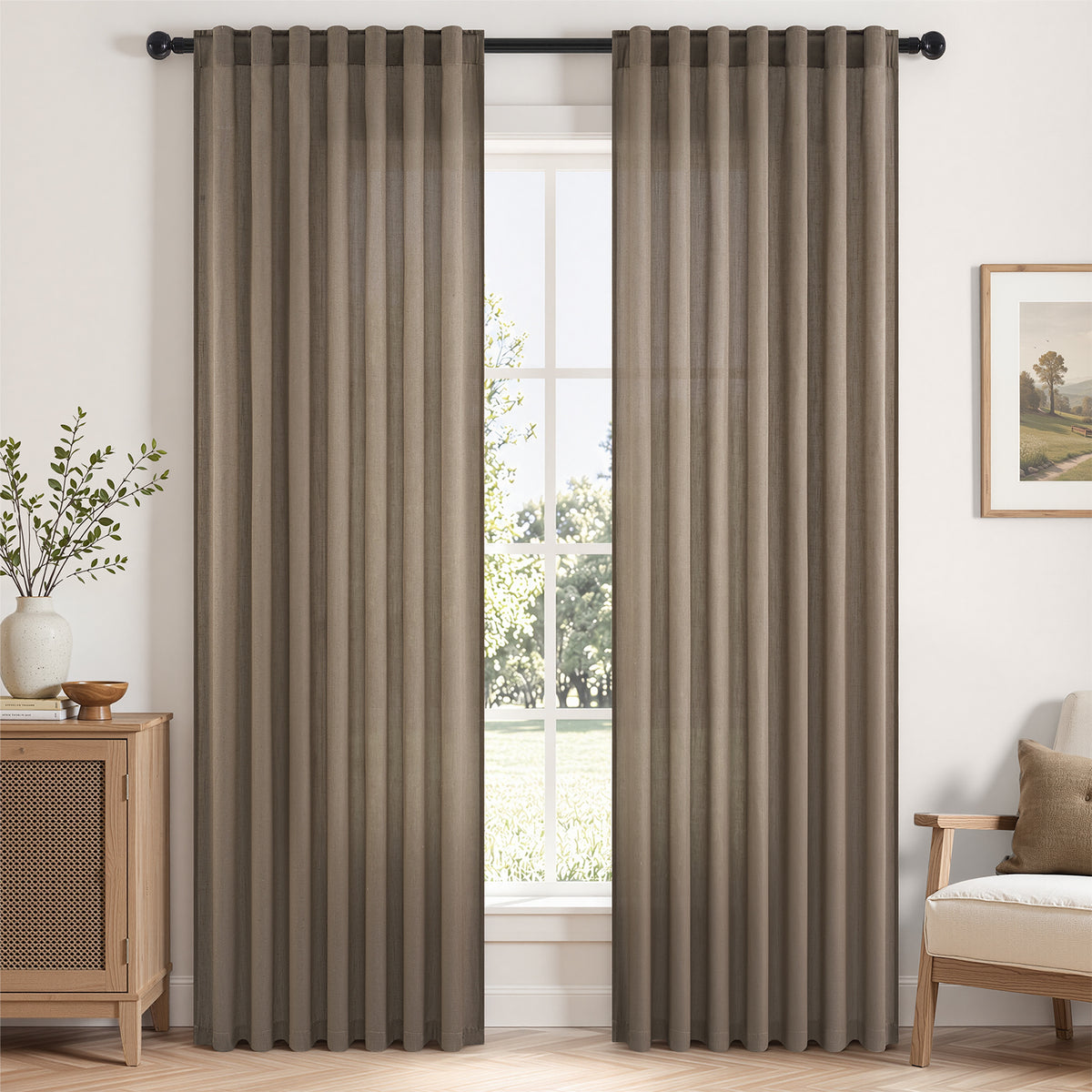 Jainmy Linen Light Filtering Curtainsfor Living Room Bedroom, Rod Pocket Back Tab Semi Sheer Farmhouse Window Drapes, 2 Panels