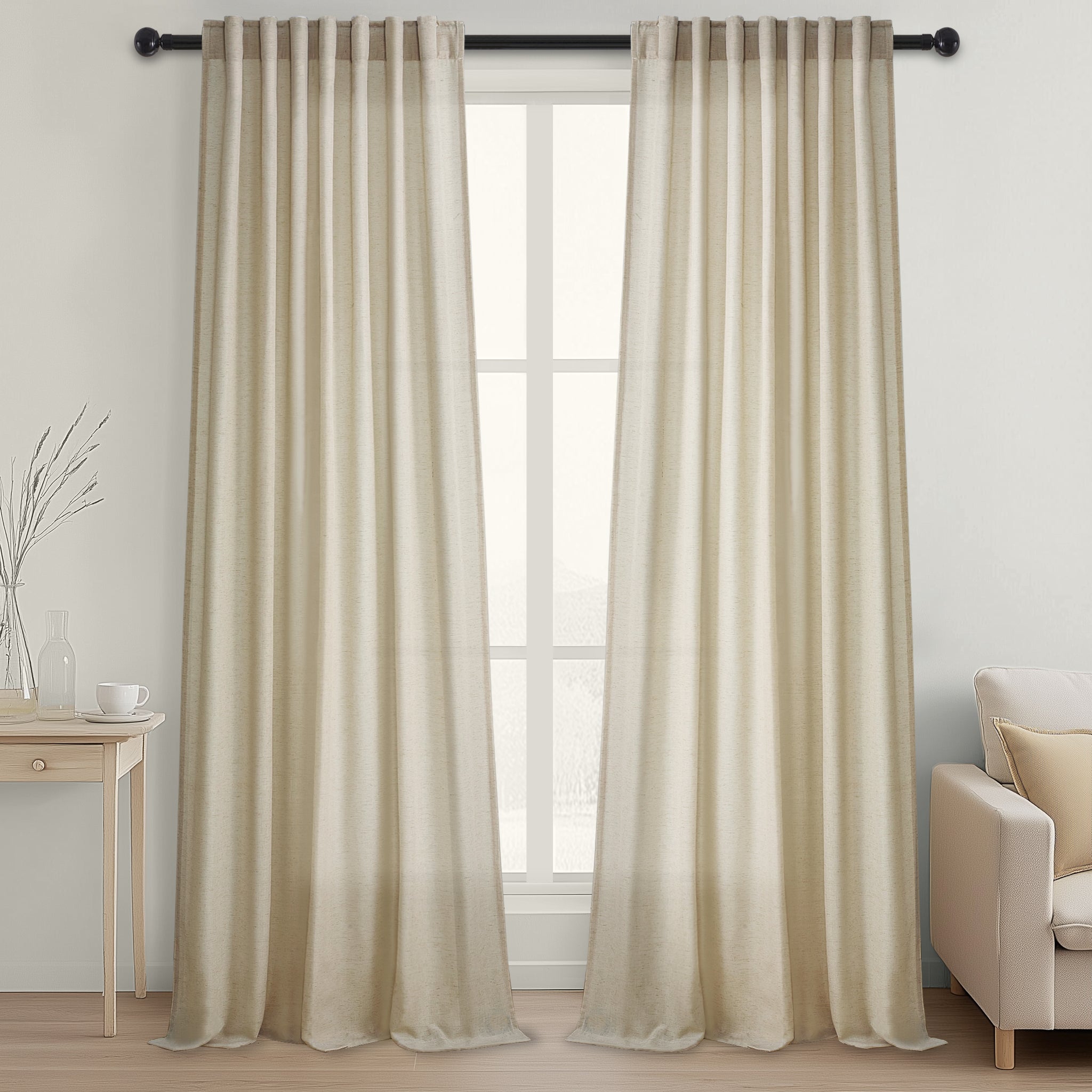 Jainmy Classic Flax Linen Blend Semi Sheer Curtains, Back Tab Drapes for Living Room Bedroom Dining Farmhouse,  2 Panels