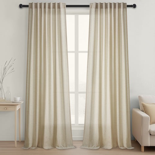 Jainmy Classic Flax Linen Blend Semi Sheer Curtains, Back Tab Drapes for Living Room Bedroom Dining Farmhouse,  2 Panels