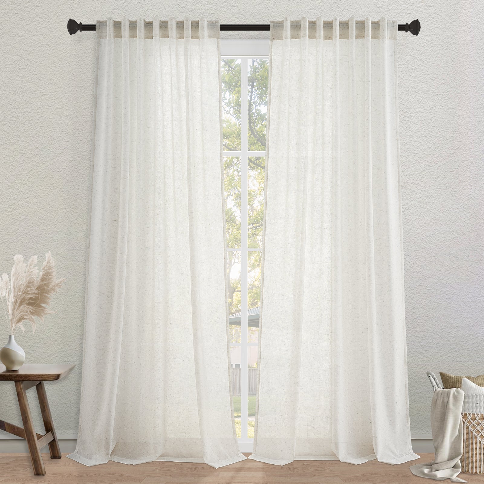 Jainmy Classic Flax Linen Blend Semi Sheer Curtains, Back Tab Drapes for Living Room Bedroom Dining Farmhouse,  2 Panels