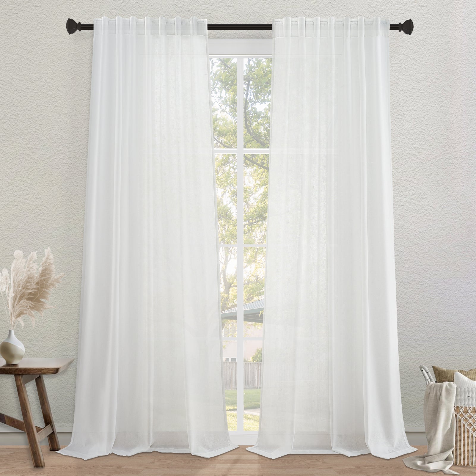 Jainmy Classic Flax Linen Blend Semi Sheer Curtains, Back Tab Drapes for Living Room Bedroom Dining Farmhouse,  2 Panels