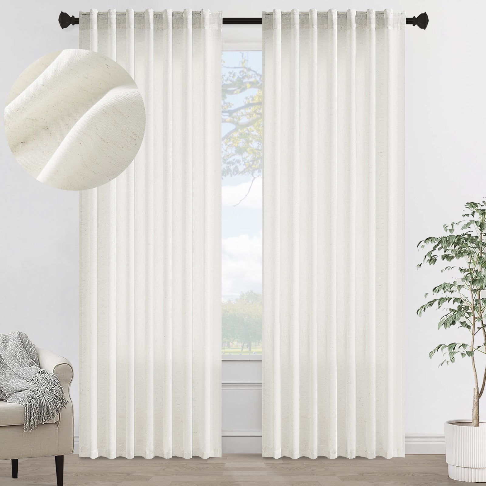 Jainmy Classic Flax Linen Blend Semi Sheer Curtains, Back Tab Drapes for Living Room Bedroom Dining Farmhouse,  2 Panels