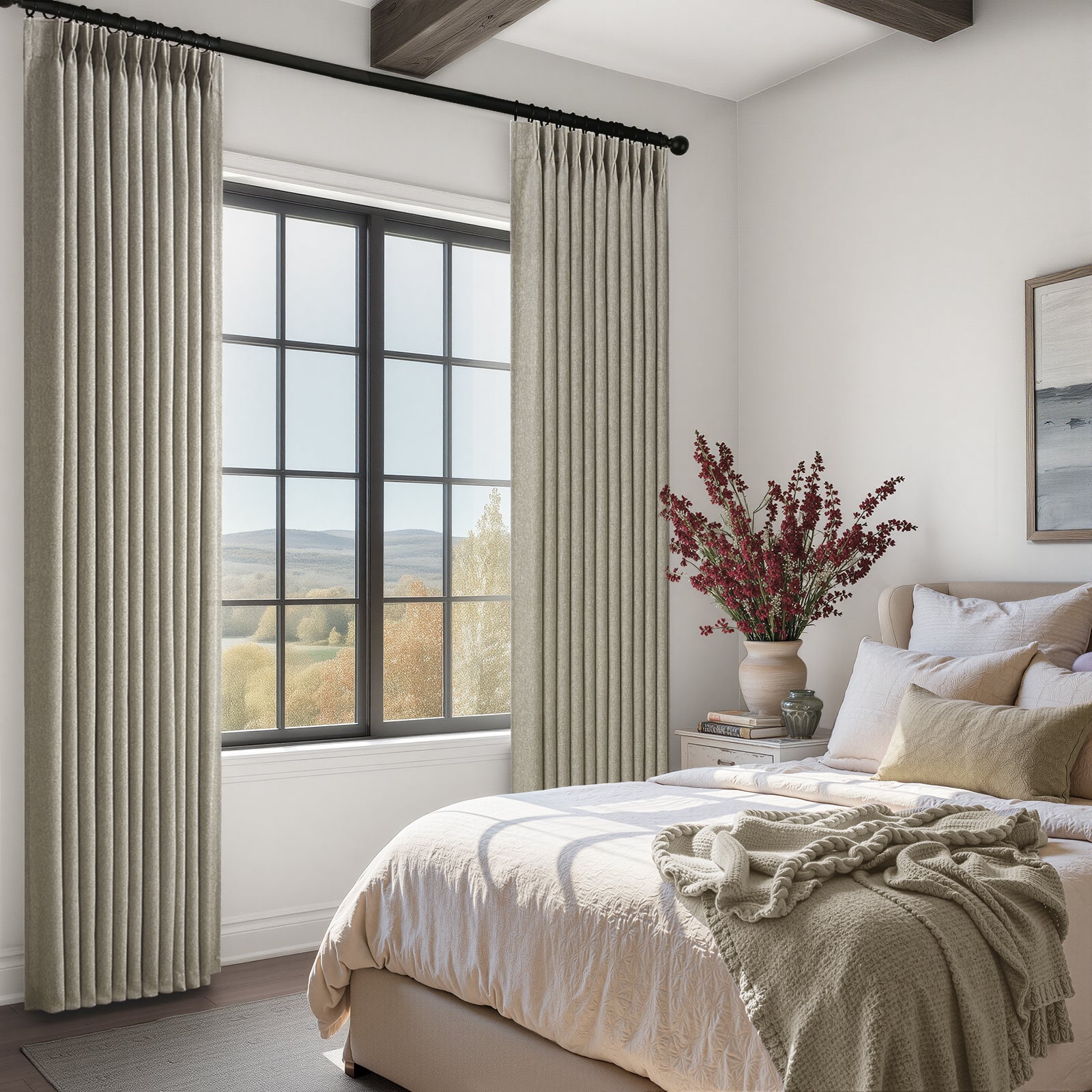 Jainmy Pinch Pleated Curtains for Bedroom Living Room, Light Filtering Farmhouse Drapes with Hooks Memory Trained Pleated Semi Sheer Curtain,2 Panels