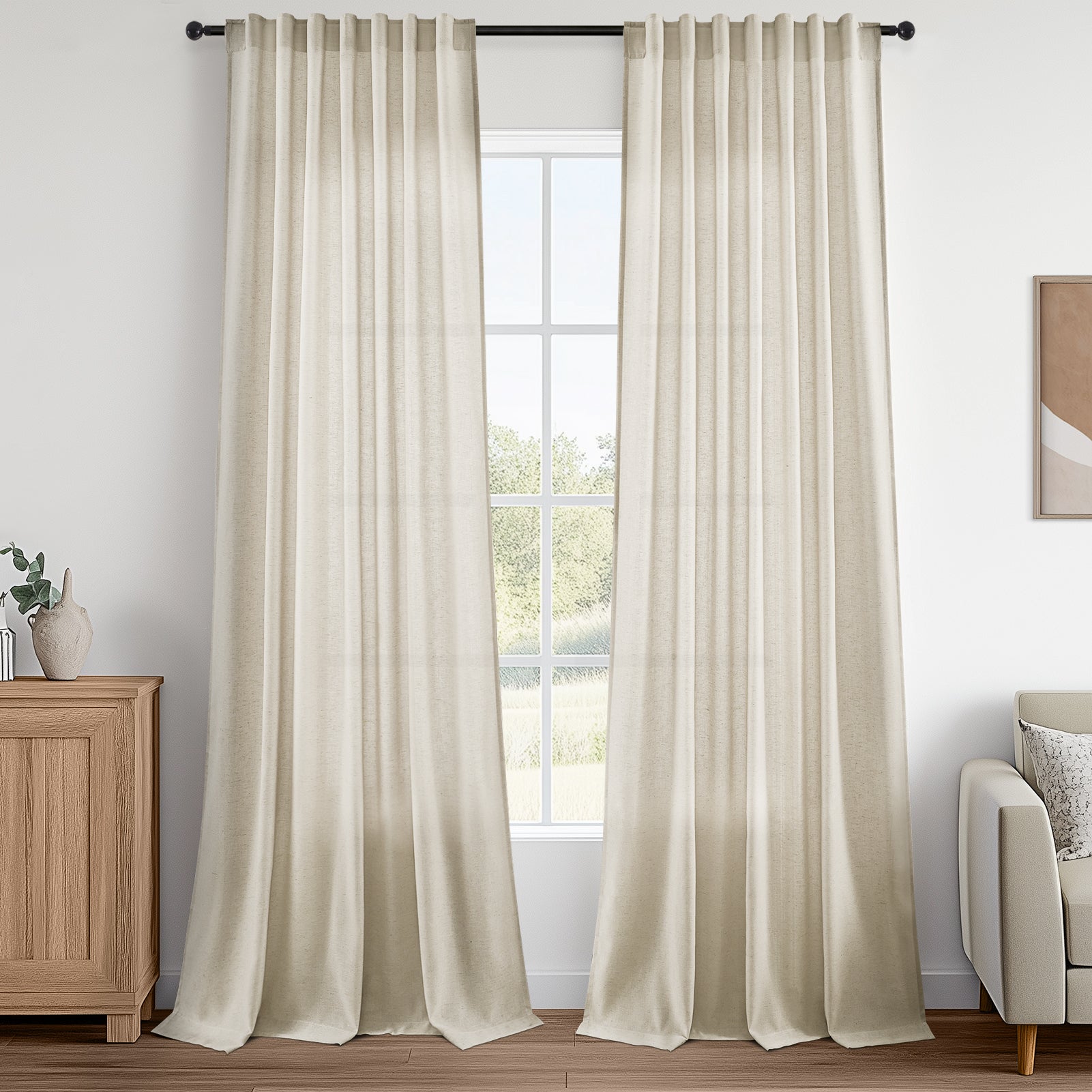 Jainmy Classic Flax Linen Blend Semi Sheer Curtains, Back Tab Drapes for Living Room Bedroom Dining Farmhouse,  2 Panels