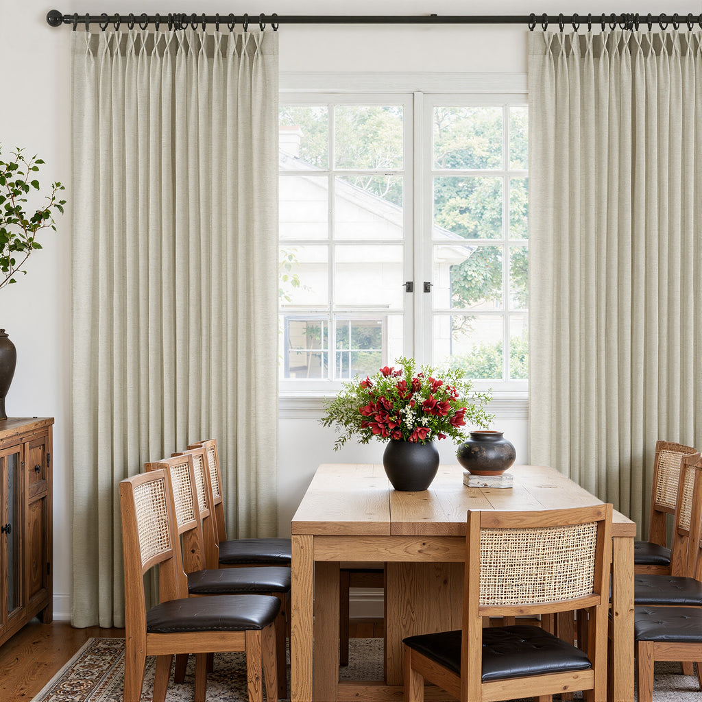 Jainmy Pinch Pleated Linen Curtains, Boho Light Filtering Living Room Bedroom Curtain,Window Treatments with Hook, 2 Panels