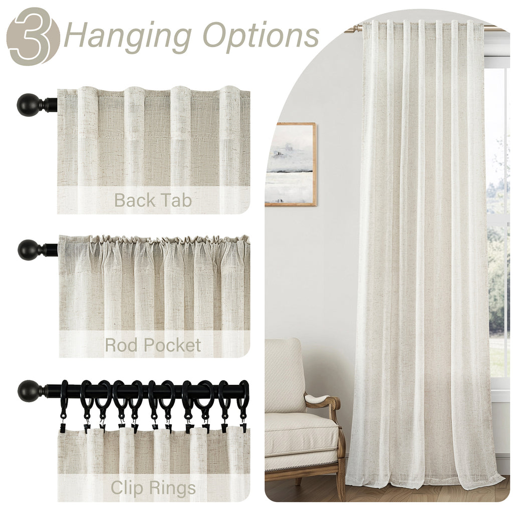 Jainmy Linen Light Filtering Curtainsfor Living Room Bedroom, Rod Pocket Back Tab Semi Sheer Farmhouse Window Drapes, 2 Panels