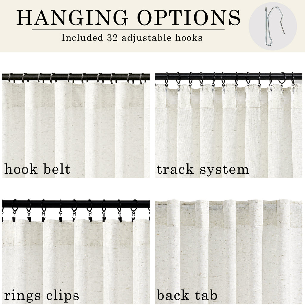 Jainmy Classic Flax Linen Blend Semi Sheer Curtains, Back Tab Drapes for Living Room Bedroom Dining Farmhouse,  2 Panels