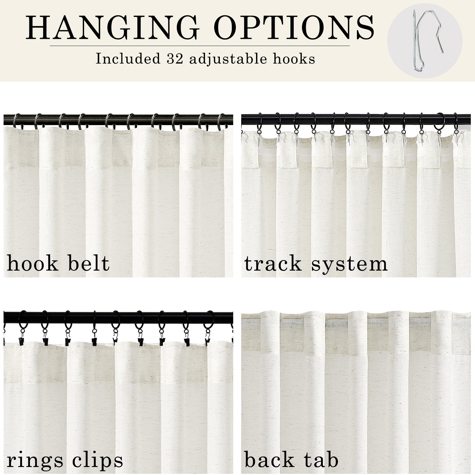 Jainmy Classic Flax Linen Blend Semi Sheer Curtains, Back Tab Drapes for Living Room Bedroom Dining Farmhouse,  2 Panels