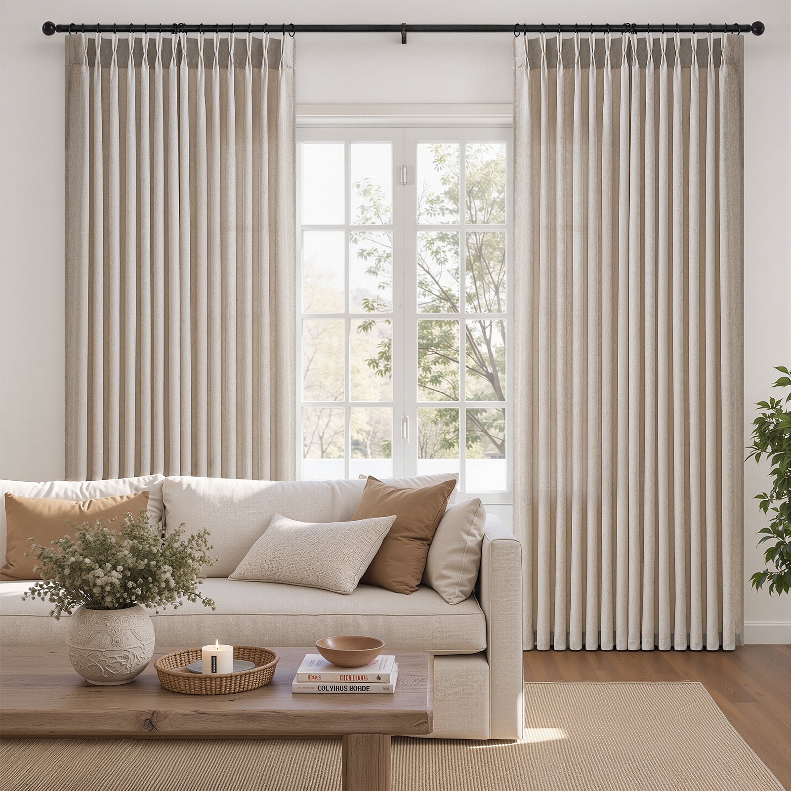 Jainmy Pinch Pleated Curtains for Bedroom Living Room, Light Filtering Farmhouse Drapes with Hooks Memory Trained Pleated Semi Sheer Curtain,2 Panels