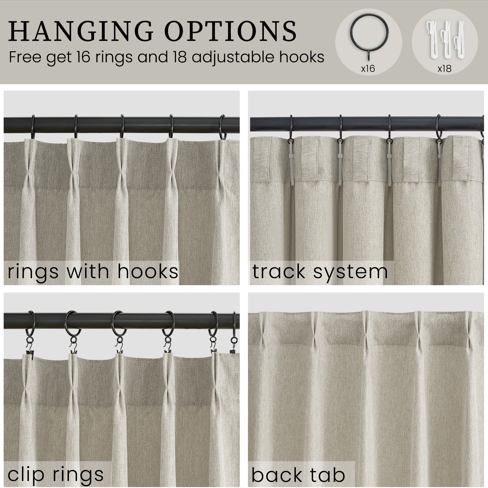 Jainmy Pinch Pleated Curtains for Bedroom Living Room, Light Filtering Farmhouse Drapes with Hooks Memory Trained Pleated Semi Sheer Curtain,2 Panels