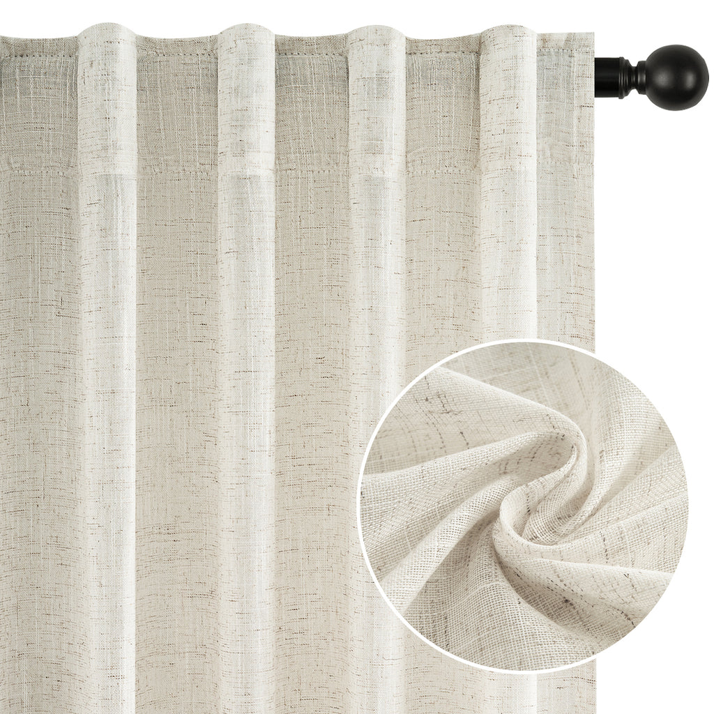 Jainmy Linen Light Filtering Curtainsfor Living Room Bedroom, Rod Pocket Back Tab Semi Sheer Farmhouse Window Drapes, 2 Panels