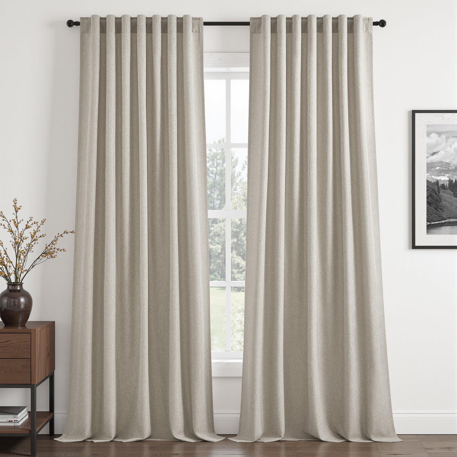 Jainmy Linen-Look Semi-Sheer Curtains, Back Tab Drapes with Hooks Hooks Living Room Bedroom ,Set of 2 Panels