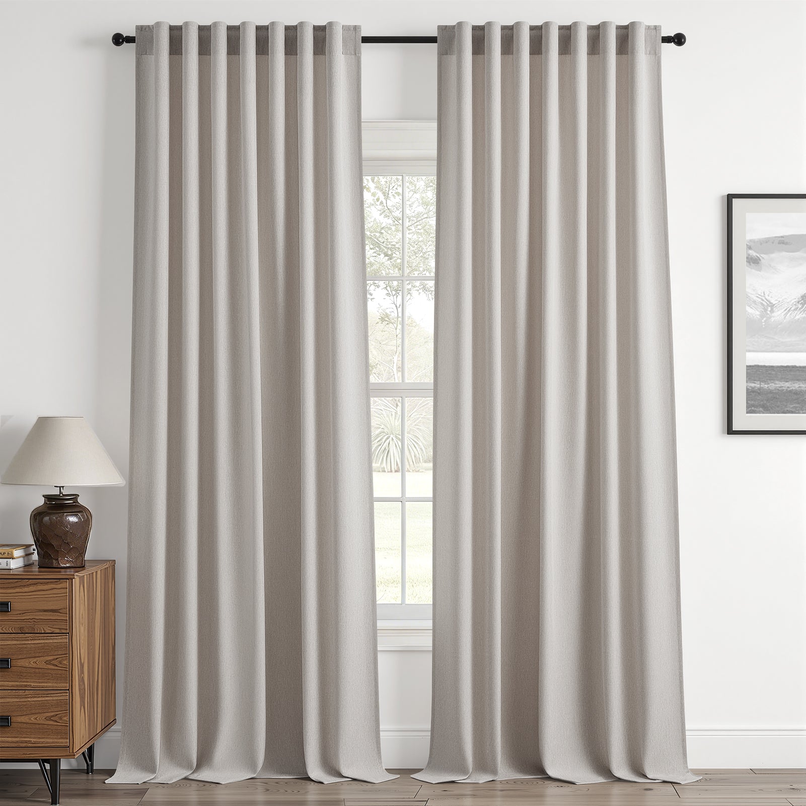 Jainmy Linen-Look Semi-Sheer Curtains, Back Tab Drapes with Hooks Hooks Living Room Bedroom ,Set of 2 Panels