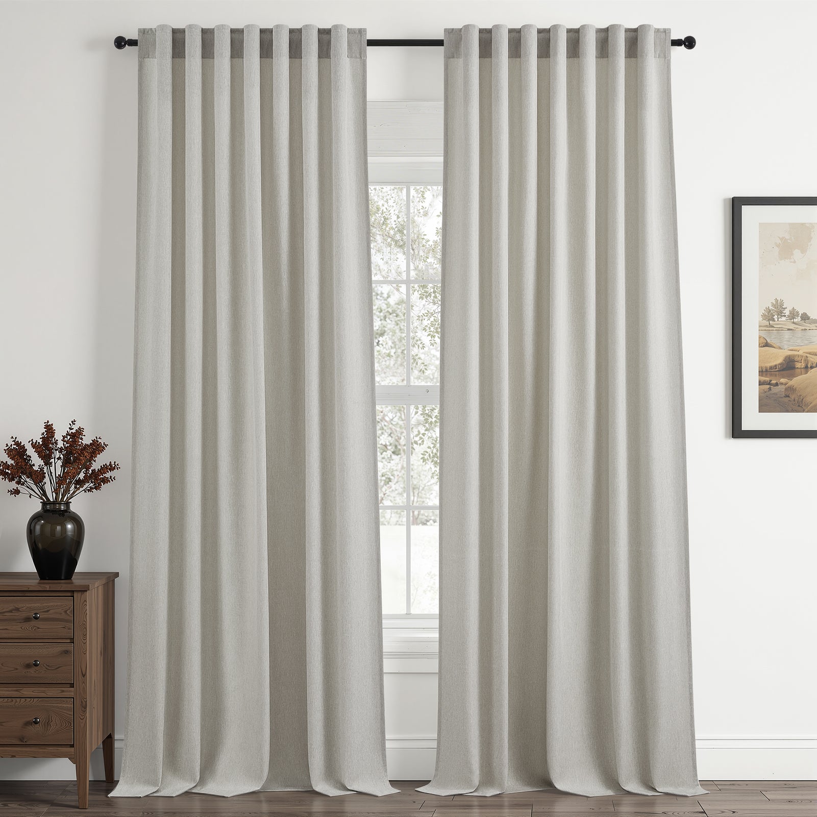 Jainmy Linen-Look Semi-Sheer Curtains, Back Tab Drapes with Hooks Hooks Living Room Bedroom ,Set of 2 Panels