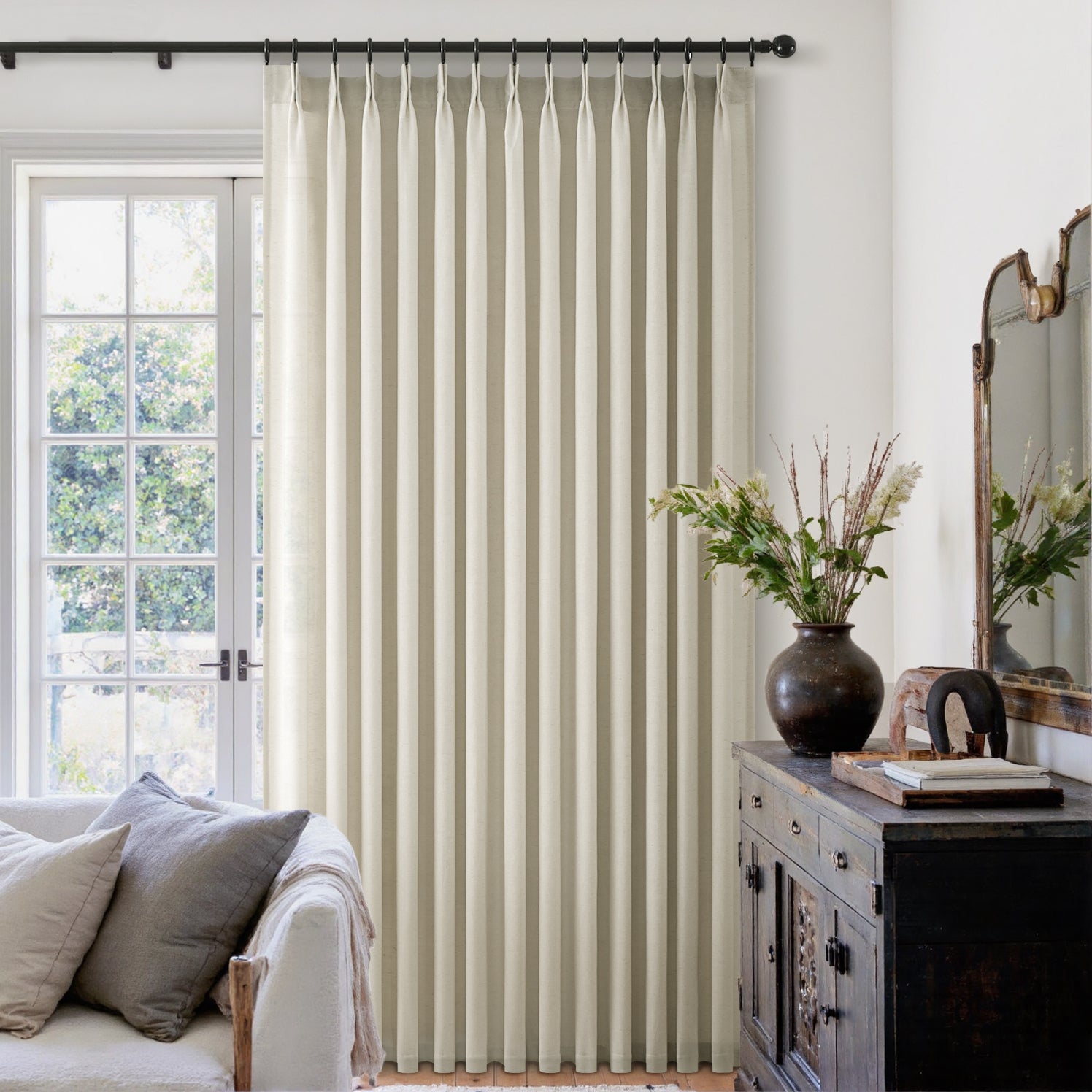 Jainmy Pinch Pleated Linen Curtains, Boho Light Filtering Living Room Bedroom Curtain,Window Treatments with Hook, 2 Panels