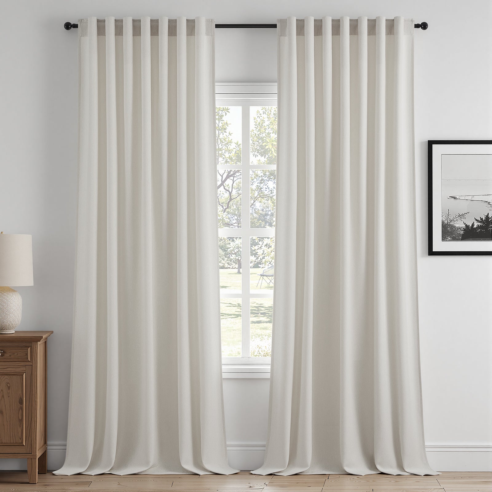 Jainmy Linen-Look Semi-Sheer Curtains, Back Tab Drapes with Hooks Hooks Living Room Bedroom ,Set of 2 Panels