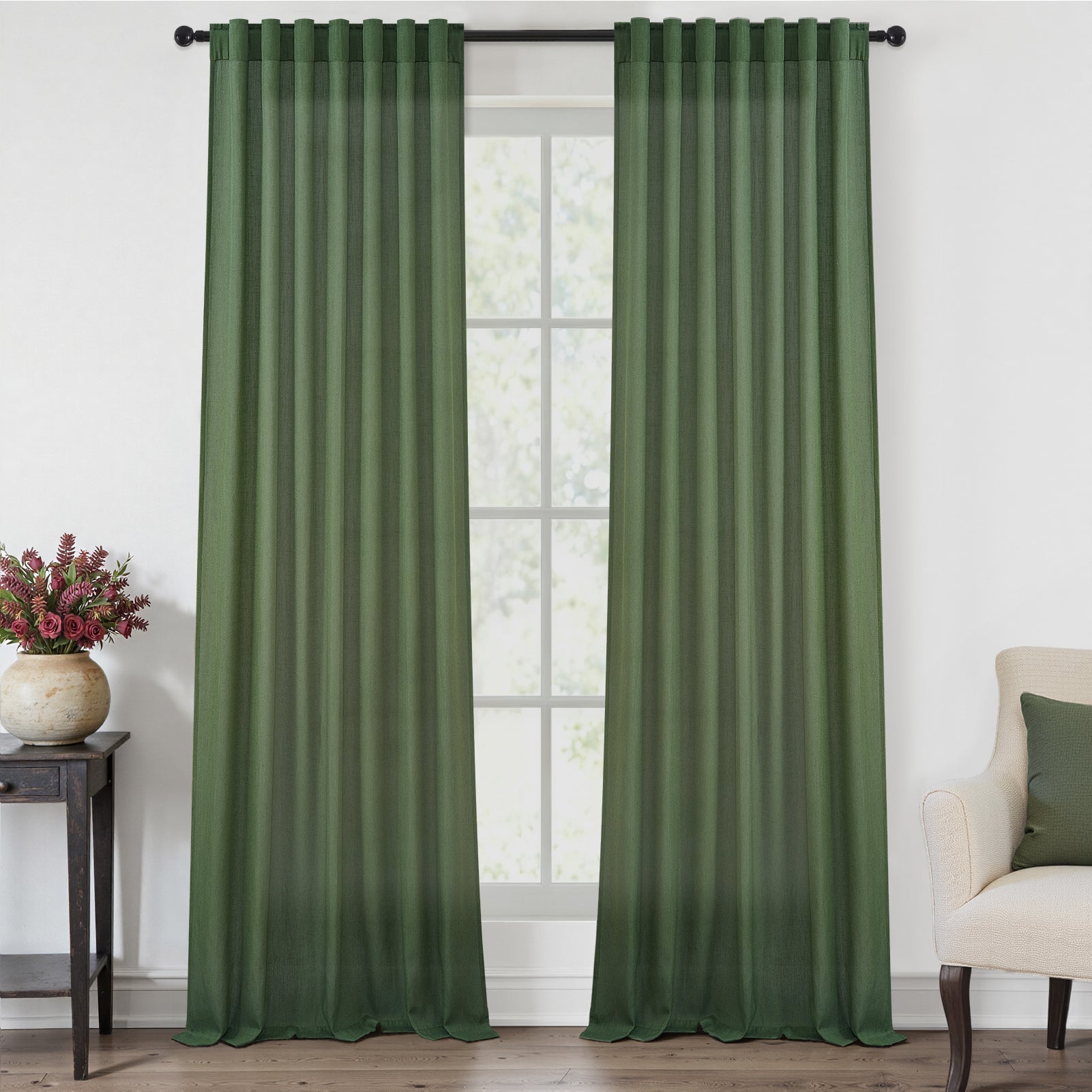Jainmy Linen Light Filtering Curtainsfor Living Room Bedroom, Rod Pocket Back Tab Semi Sheer Farmhouse Window Drapes, 2 Panels