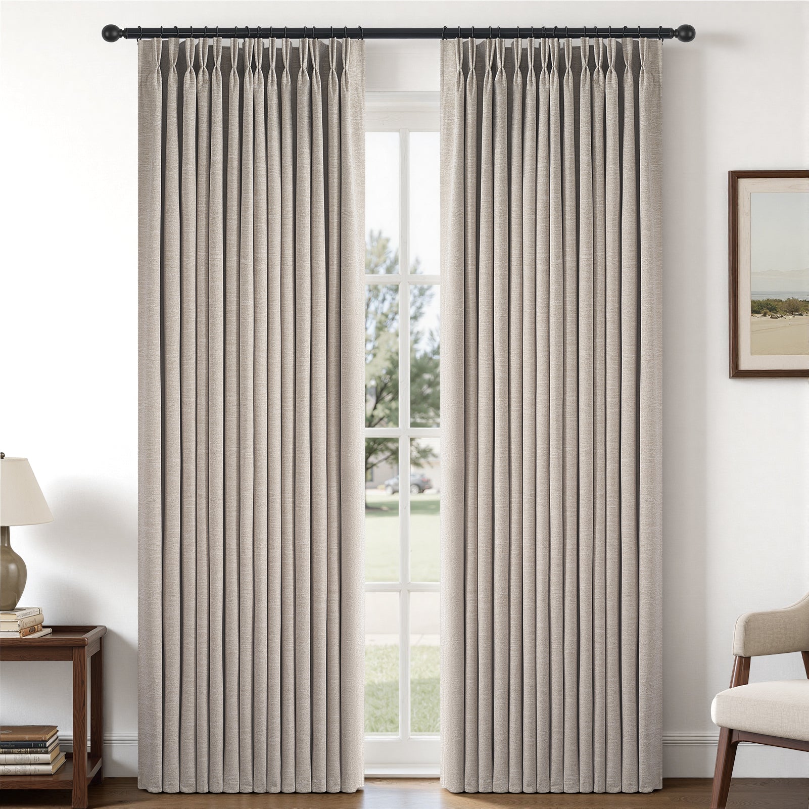 Jainmy Total Blackout Pinch Pleated Curtain for Livingroom Bedroom,Faux Linen Light Blocking Room Darkening Drapes,2 Panels Set
