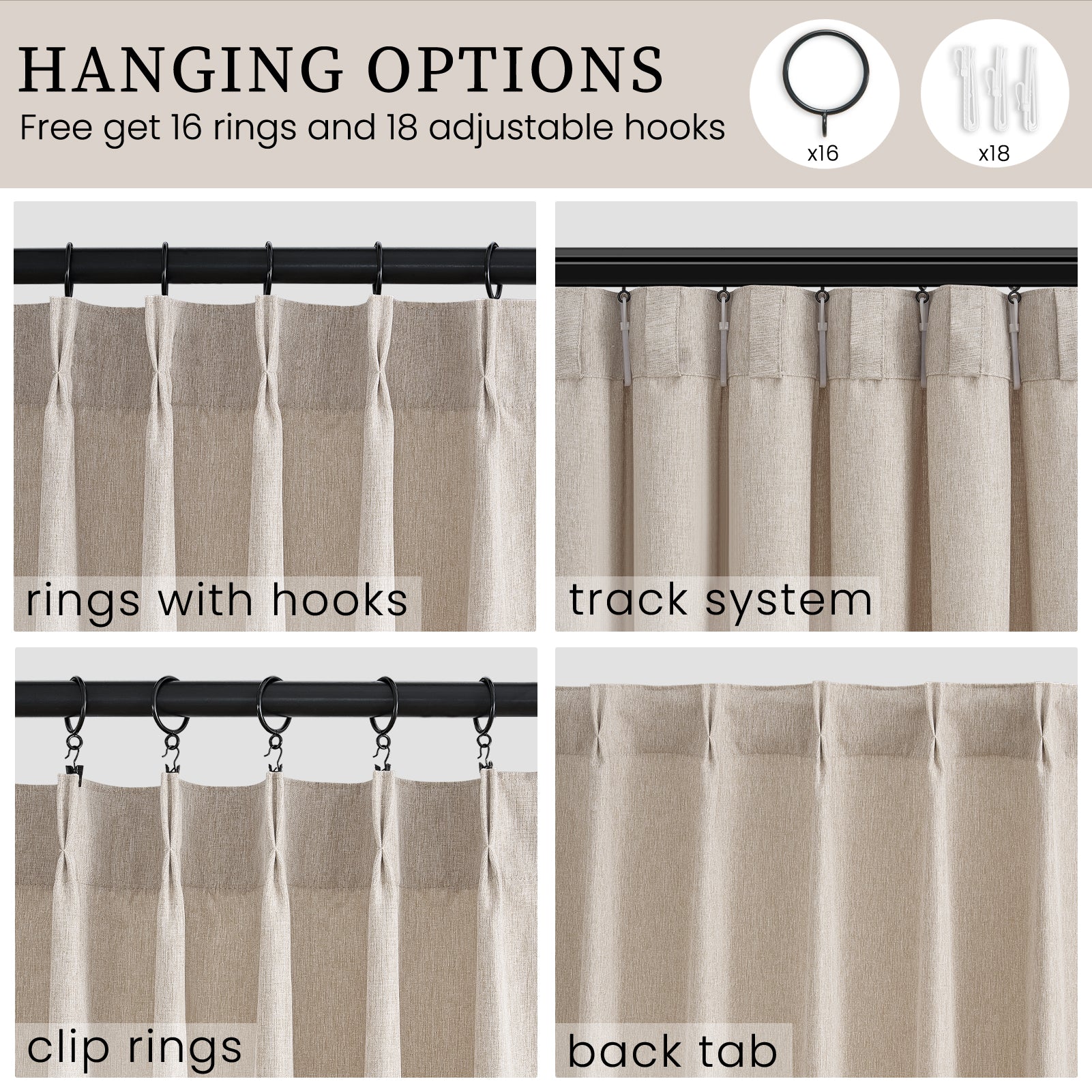 Jainmy Pinch Pleated Curtains for Bedroom Living Room, Light Filtering Farmhouse Drapes with Hooks Memory Trained Pleated Semi Sheer Curtain,2 Panels