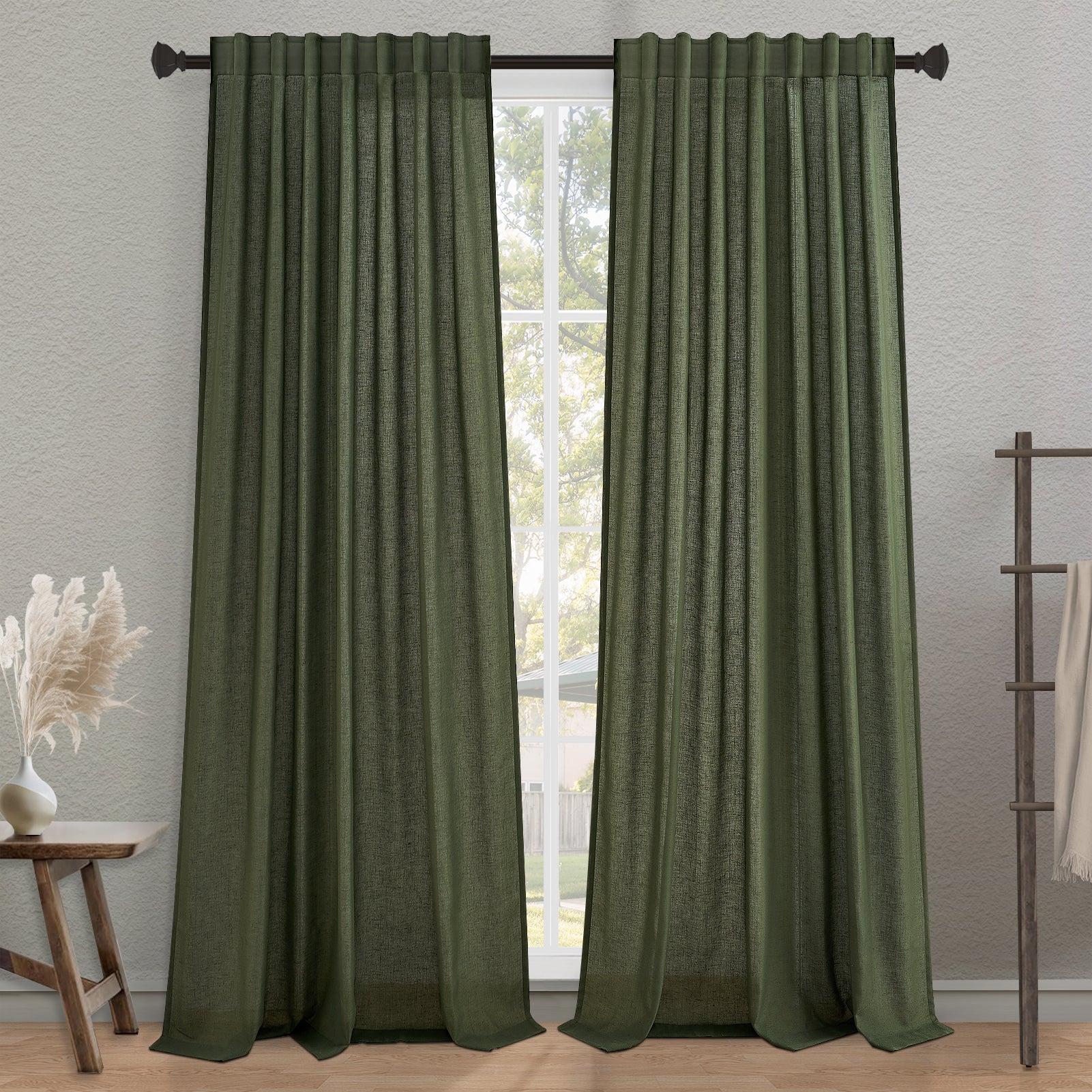 Jainmy Classic Flax Linen Blend Semi Sheer Curtains, Back Tab Drapes for Living Room Bedroom Dining Farmhouse,  2 Panels
