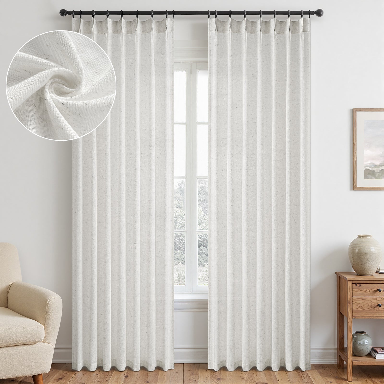 Jainmy Pinch Pleated Linen Curtains, Boho Light Filtering Living Room Bedroom Curtain,Window Treatments with Hook, 2 Panels