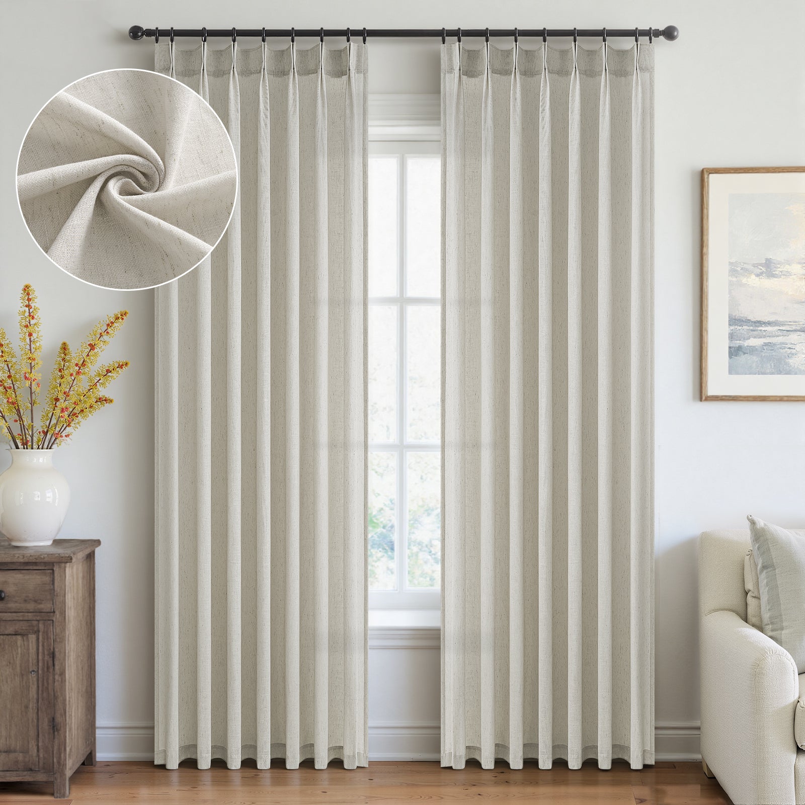 Jainmy Pinch Pleated Linen Curtains, Boho Light Filtering Living Room Bedroom Curtain,Window Treatments with Hook, 2 Panels