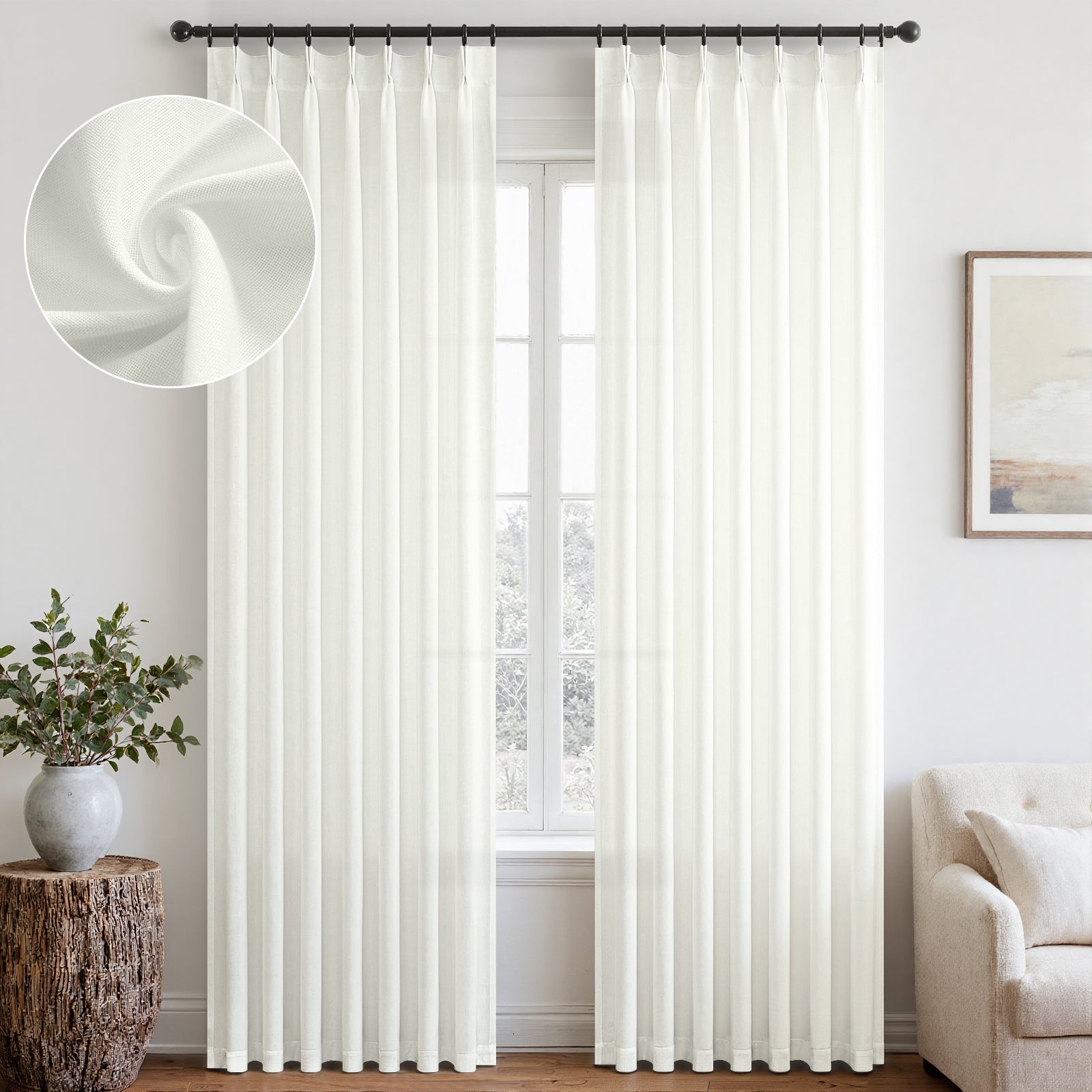 Jainmy Pinch Pleated Linen Curtains, Boho Light Filtering Living Room Bedroom Curtain,Window Treatments with Hook, 2 Panels