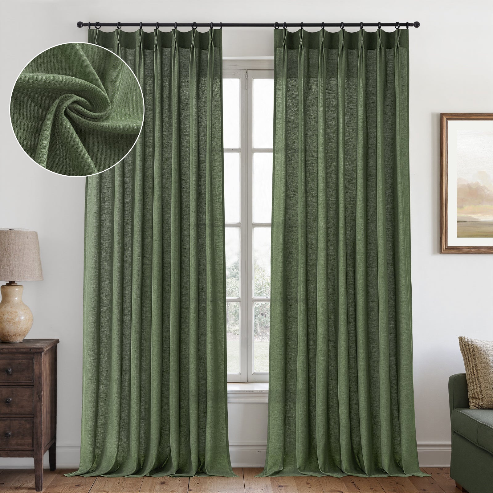 Jainmy Pinch Pleated Linen Curtains, Boho Light Filtering Living Room Bedroom Curtain,Window Treatments with Hook, 2 Panels