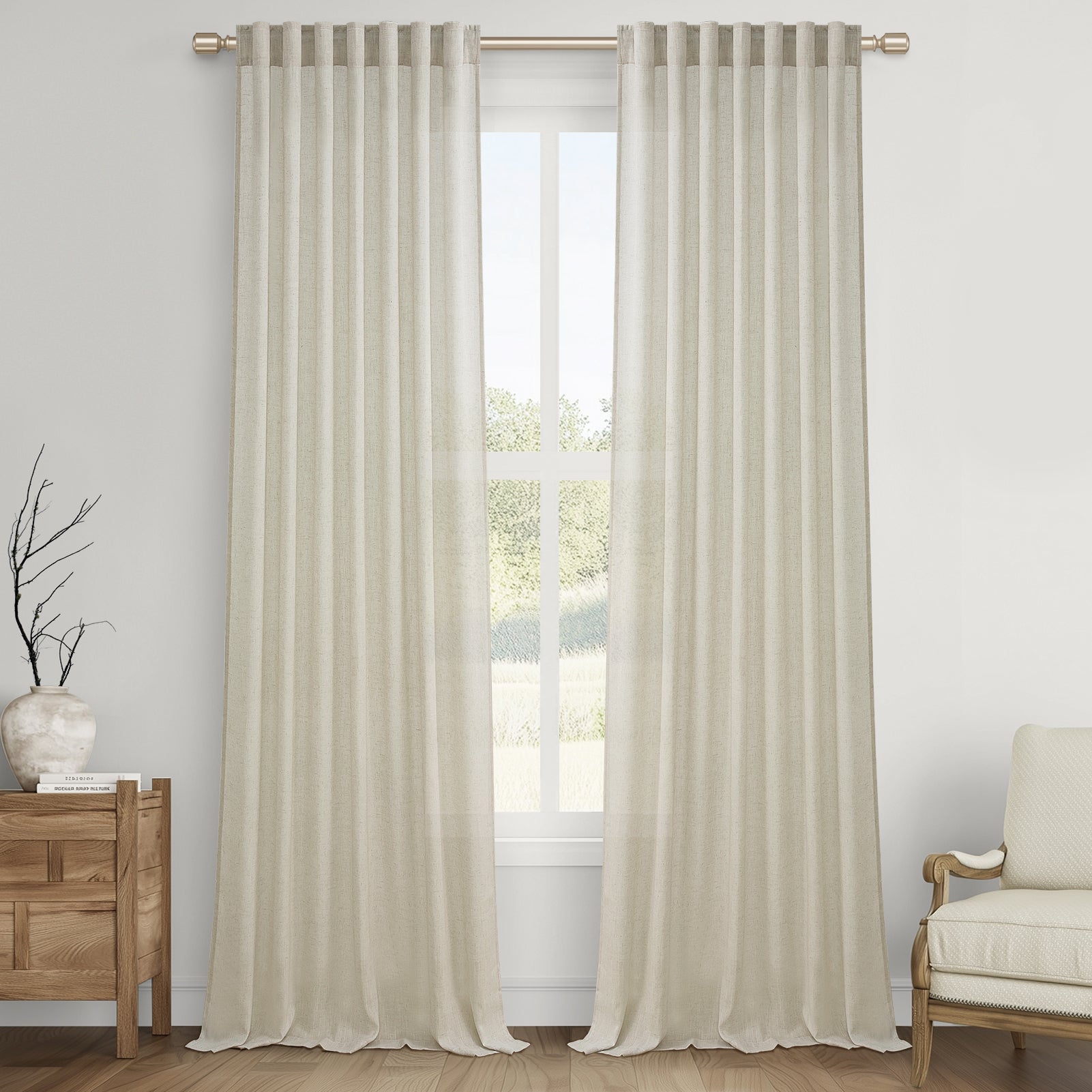 Jainmy Linen Light Filtering Curtainsfor Living Room Bedroom, Rod Pocket Back Tab Semi Sheer Farmhouse Window Drapes, 2 Panels