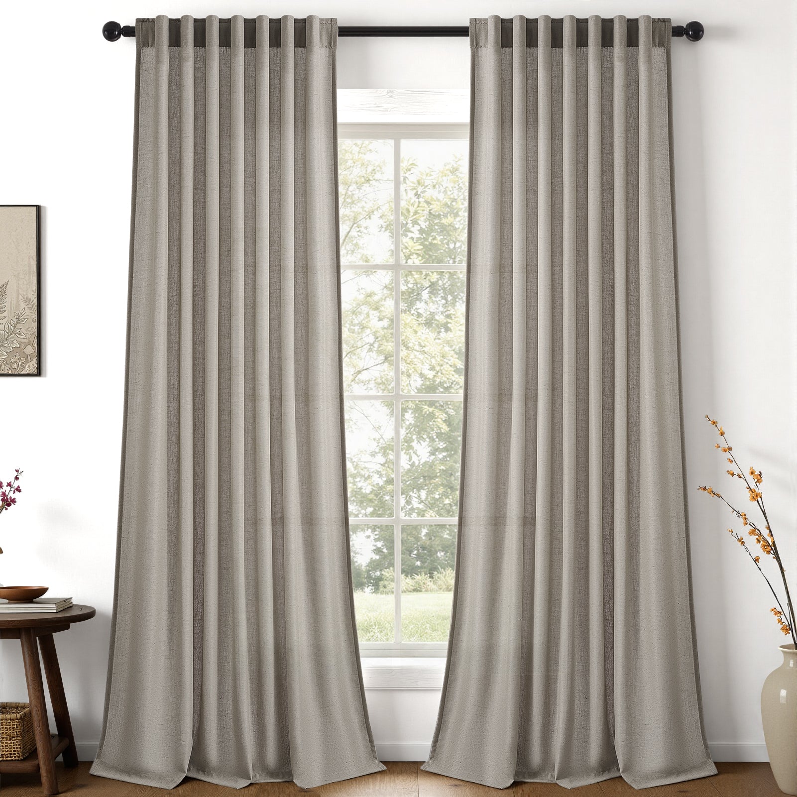 Jainmy Classic Flax Linen Blend Semi Sheer Curtains, Back Tab Drapes for Living Room Bedroom Dining Farmhouse,  2 Panels