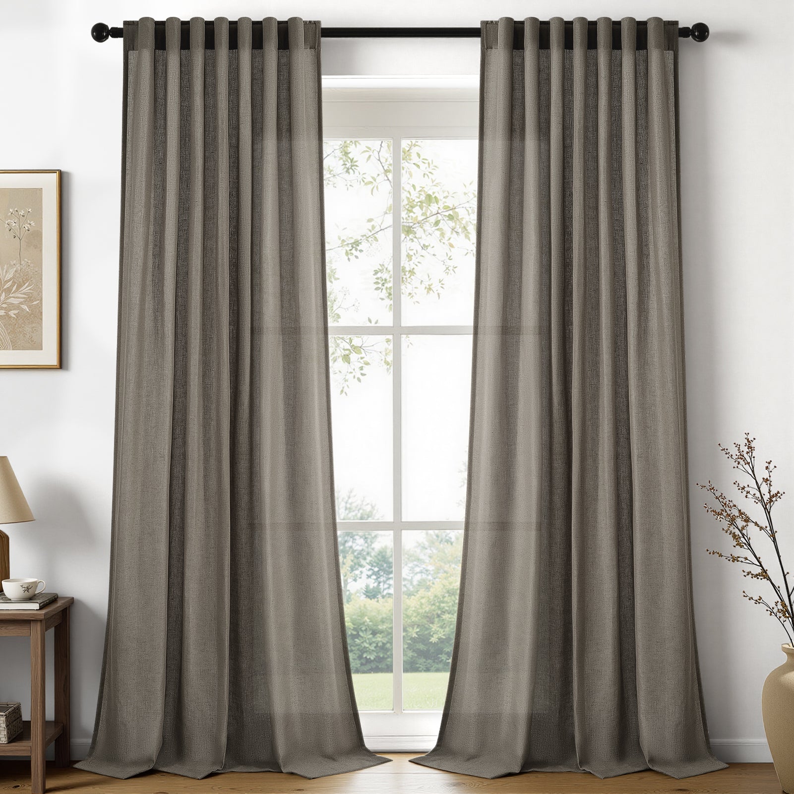 Jainmy Classic Flax Linen Blend Semi Sheer Curtains, Back Tab Drapes for Living Room Bedroom Dining Farmhouse,  2 Panels