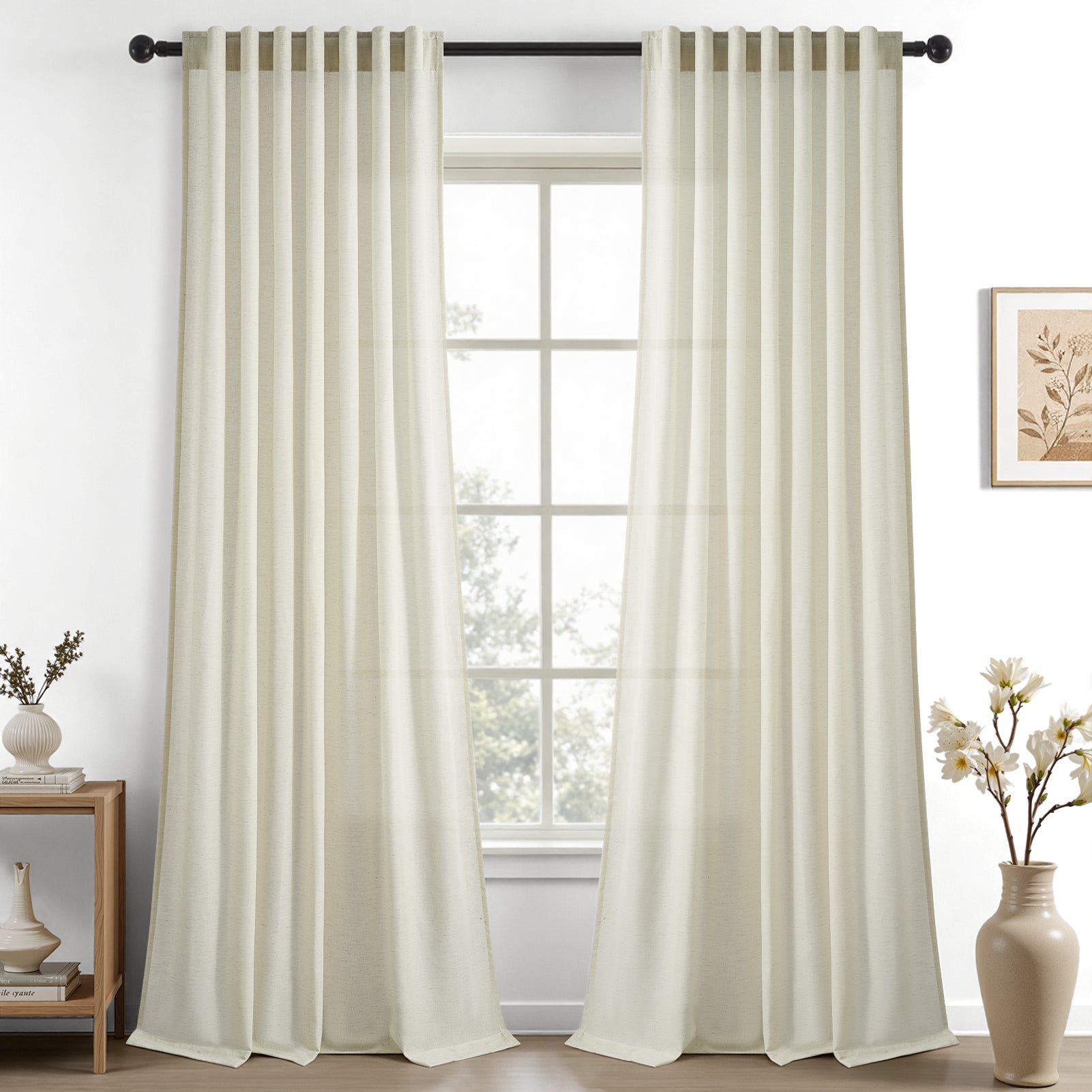 Jainmy Classic Flax Linen Blend Semi Sheer Curtains, Back Tab Drapes for Living Room Bedroom Dining Farmhouse,  2 Panels