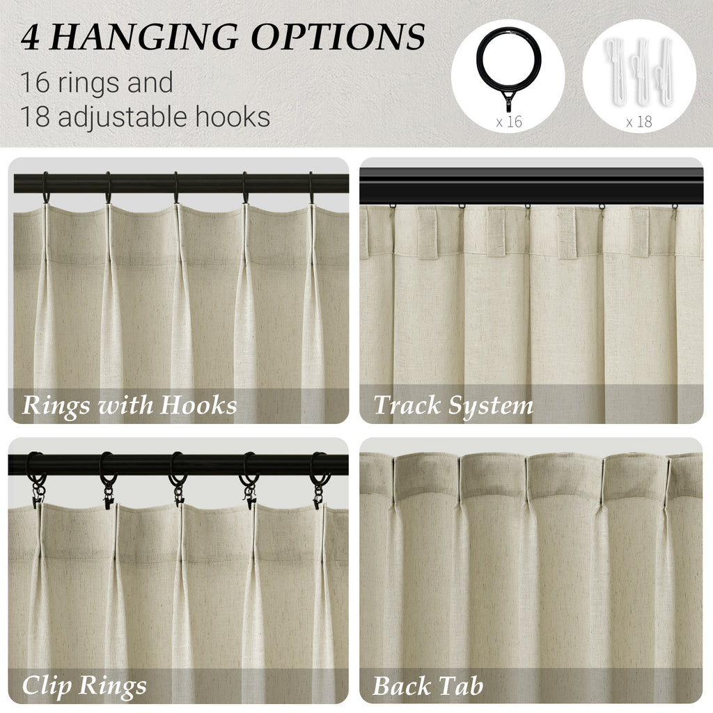 Jainmy Pinch Pleated Linen Curtains, Boho Light Filtering Living Room Bedroom Curtain,Window Treatments with Hook, 2 Panels