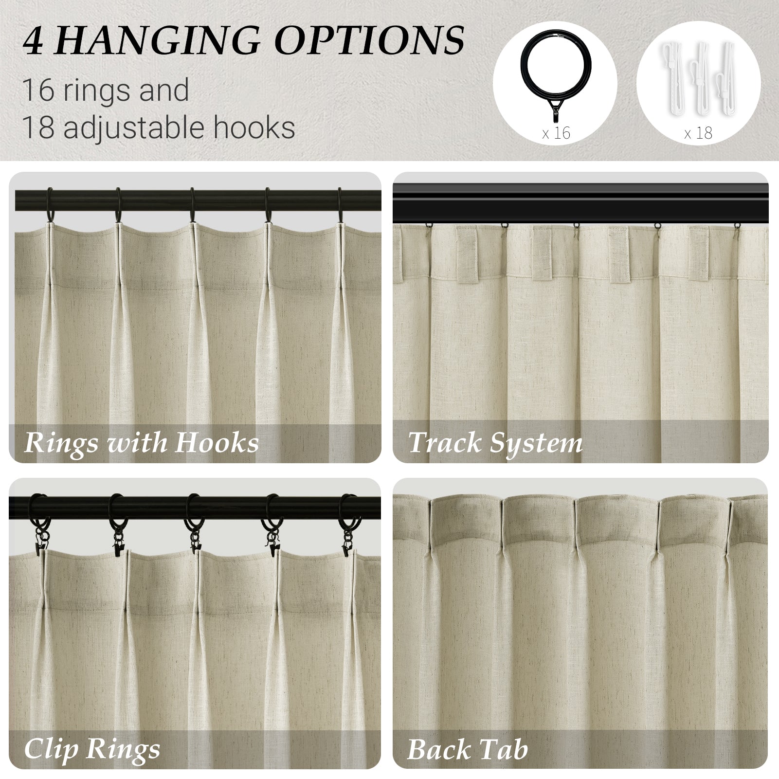 Jainmy Pinch Pleated Linen Curtains, Boho Light Filtering Living Room Bedroom Curtain,Window Treatments with Hook, 2 Panels