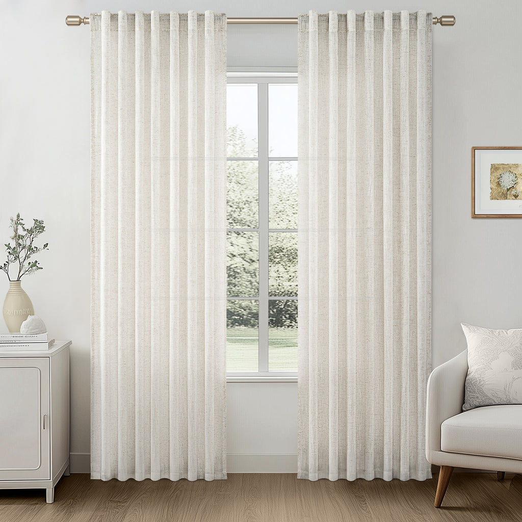 Jainmy Linen Light Filtering Curtainsfor Living Room Bedroom, Rod Pocket Back Tab Semi Sheer Farmhouse Window Drapes, 2 Panels