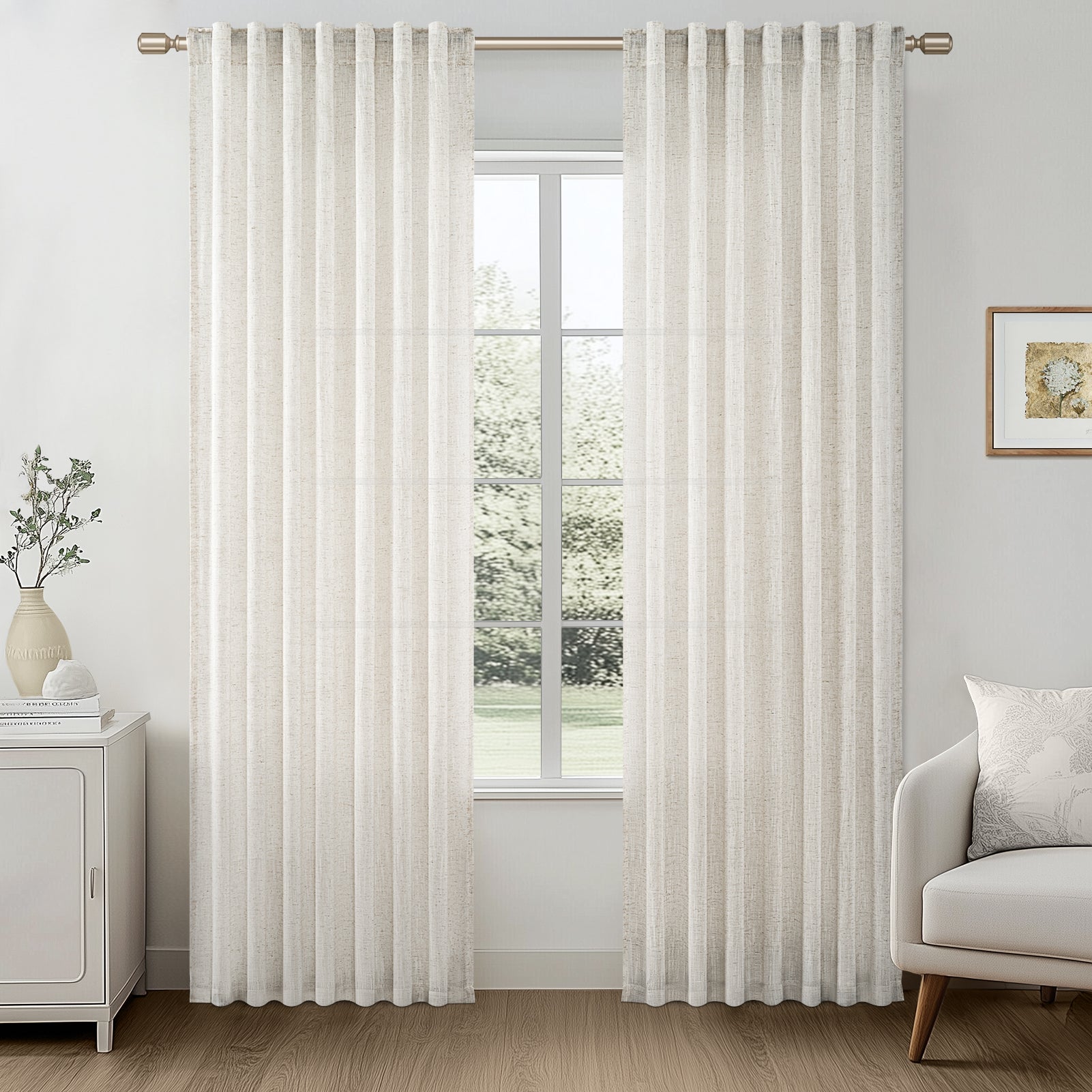 Jainmy Linen Light Filtering Curtainsfor Living Room Bedroom, Rod Pocket Back Tab Semi Sheer Farmhouse Window Drapes, 2 Panels